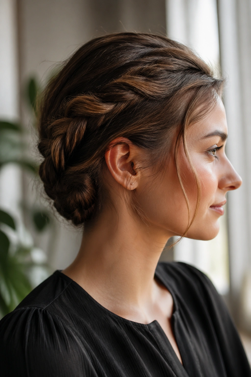 Close-up of a real woman with a low faux ponytail braid tucked at the nape under the braid, natural window light.