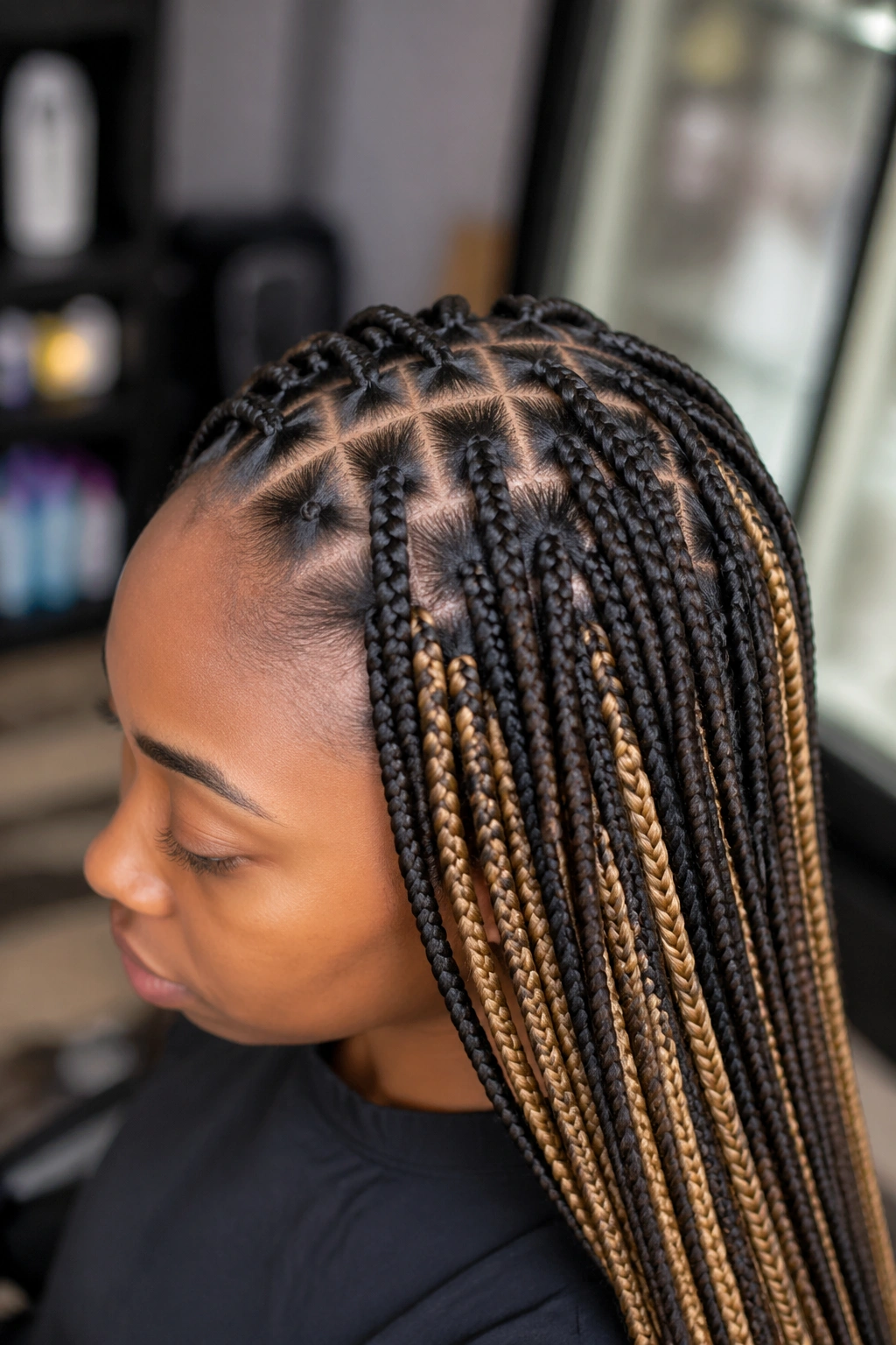 Close-up of real woman with small to medium knotless braids and defined square parts in a salon setting.