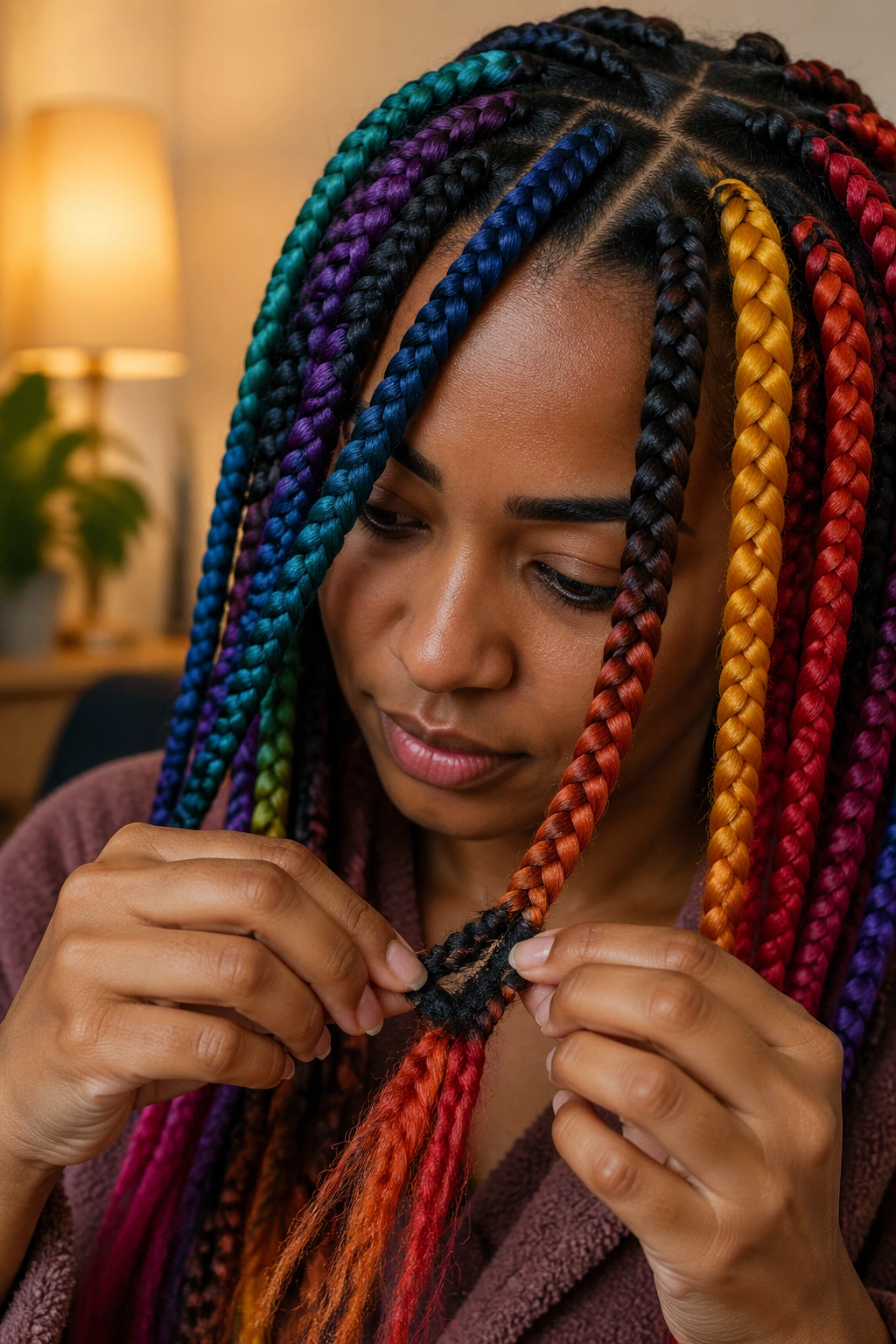 Real person taking down rainbow jumbo box braids