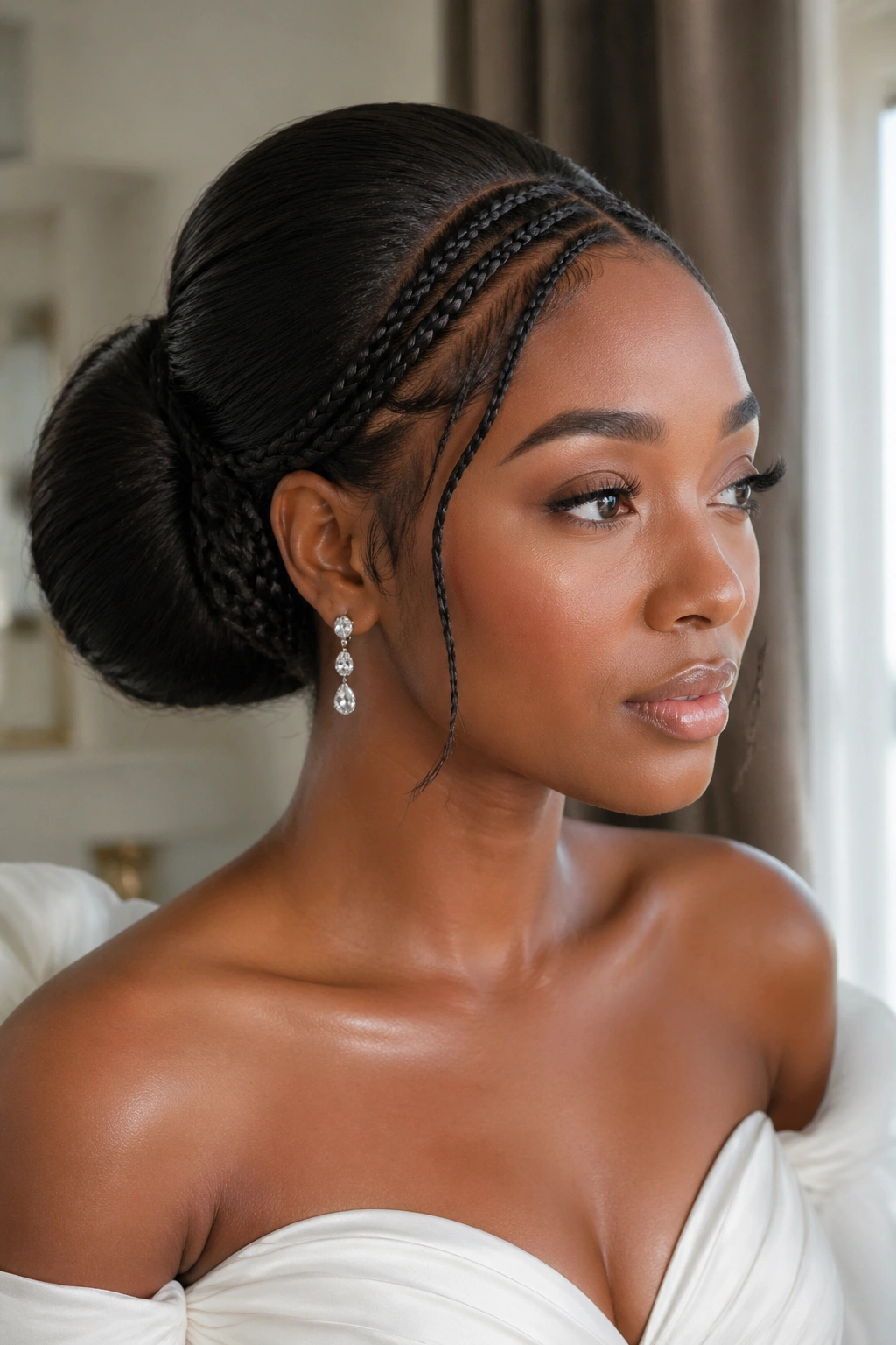 Close-up of a real woman with braided accents around a polished bun in a luxurious bridal suite.
