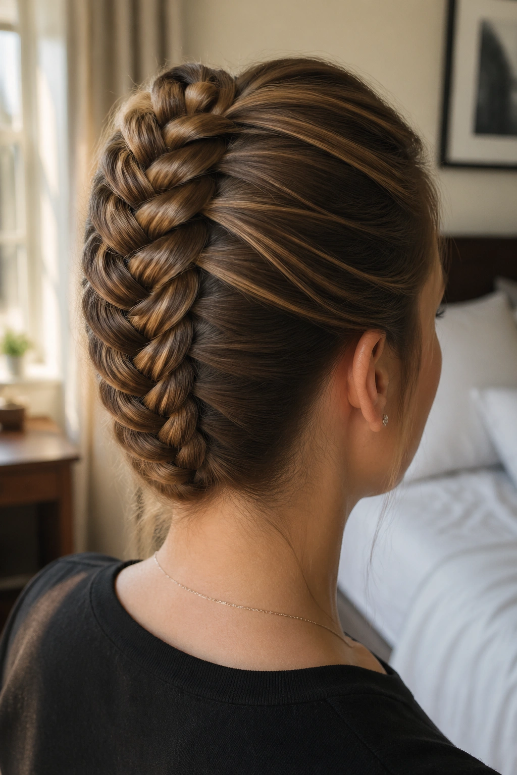 Close-up of a real woman's braided banana bun with a flush center ridge in natural light