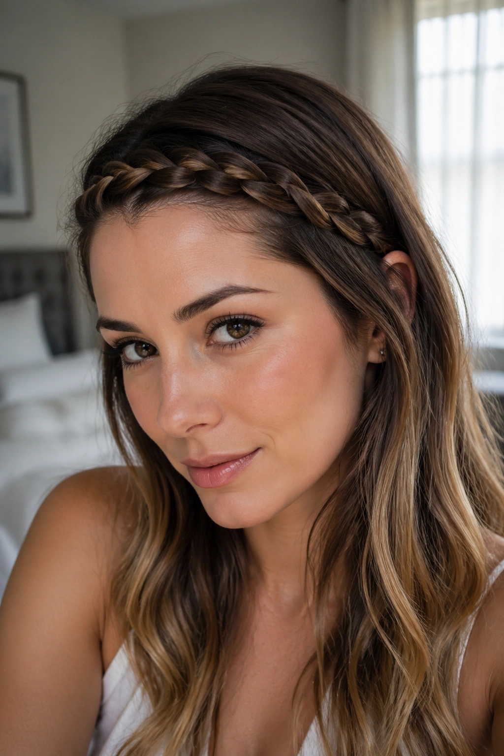 Close-up of a real woman wearing a braided bang band across the front hairline