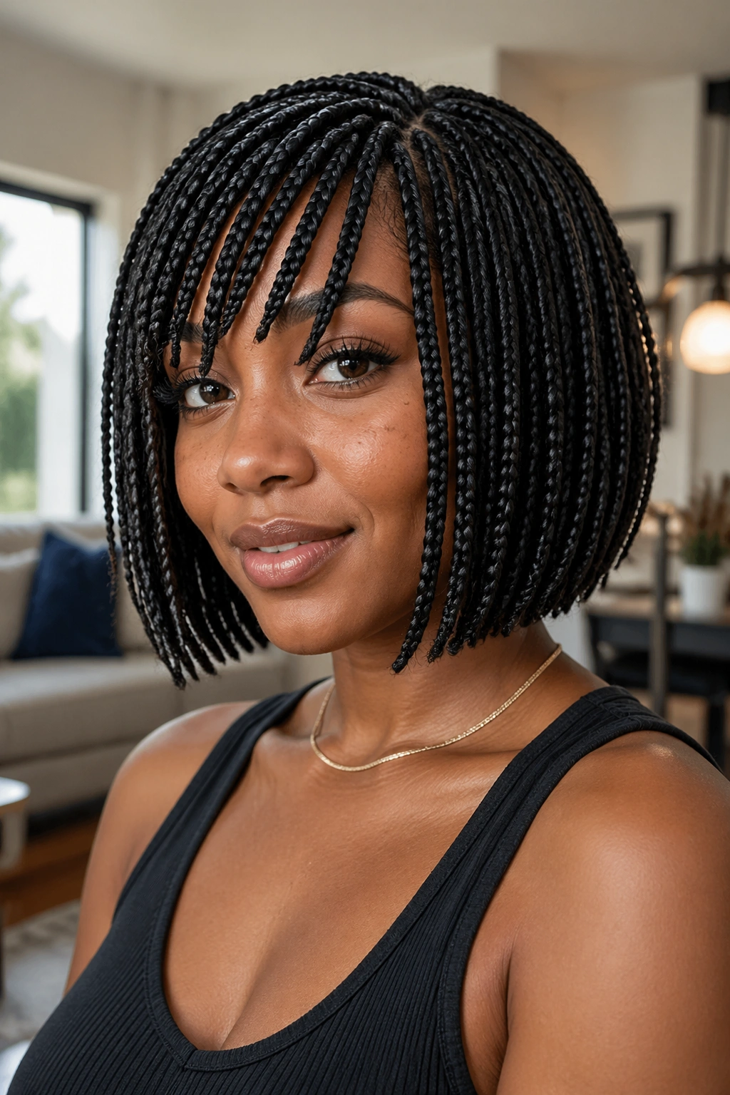 Real woman with braided bang bob fringe across the forehead
