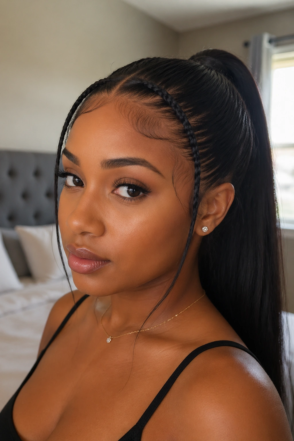 Close-up of a real woman's head with narrow braided bang lace ponytail framing the forehead