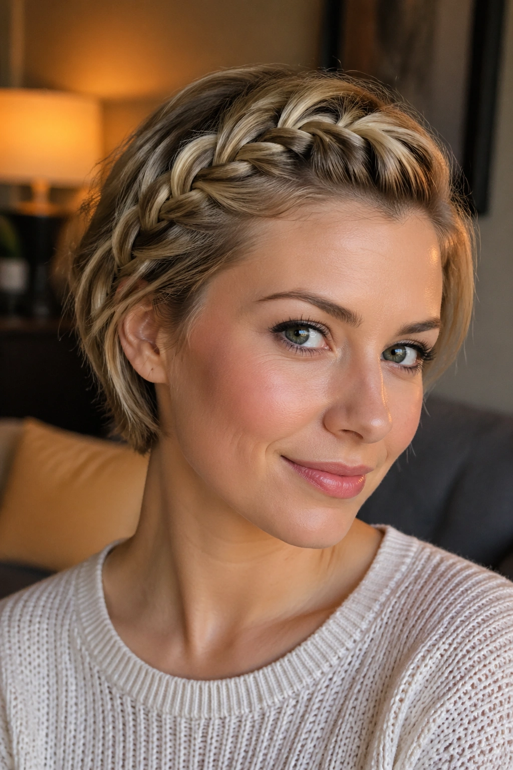 Close-up of braided bang sweep pushing bangs back behind the temple