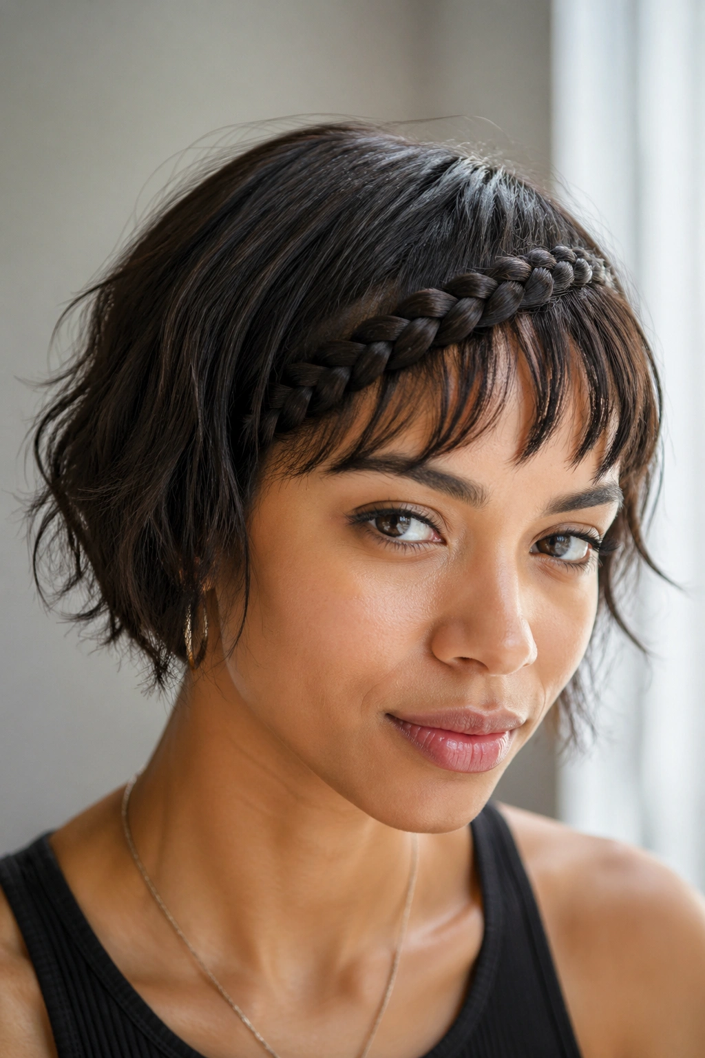 Close-up of a real woman with braided bangs on a short fringe.