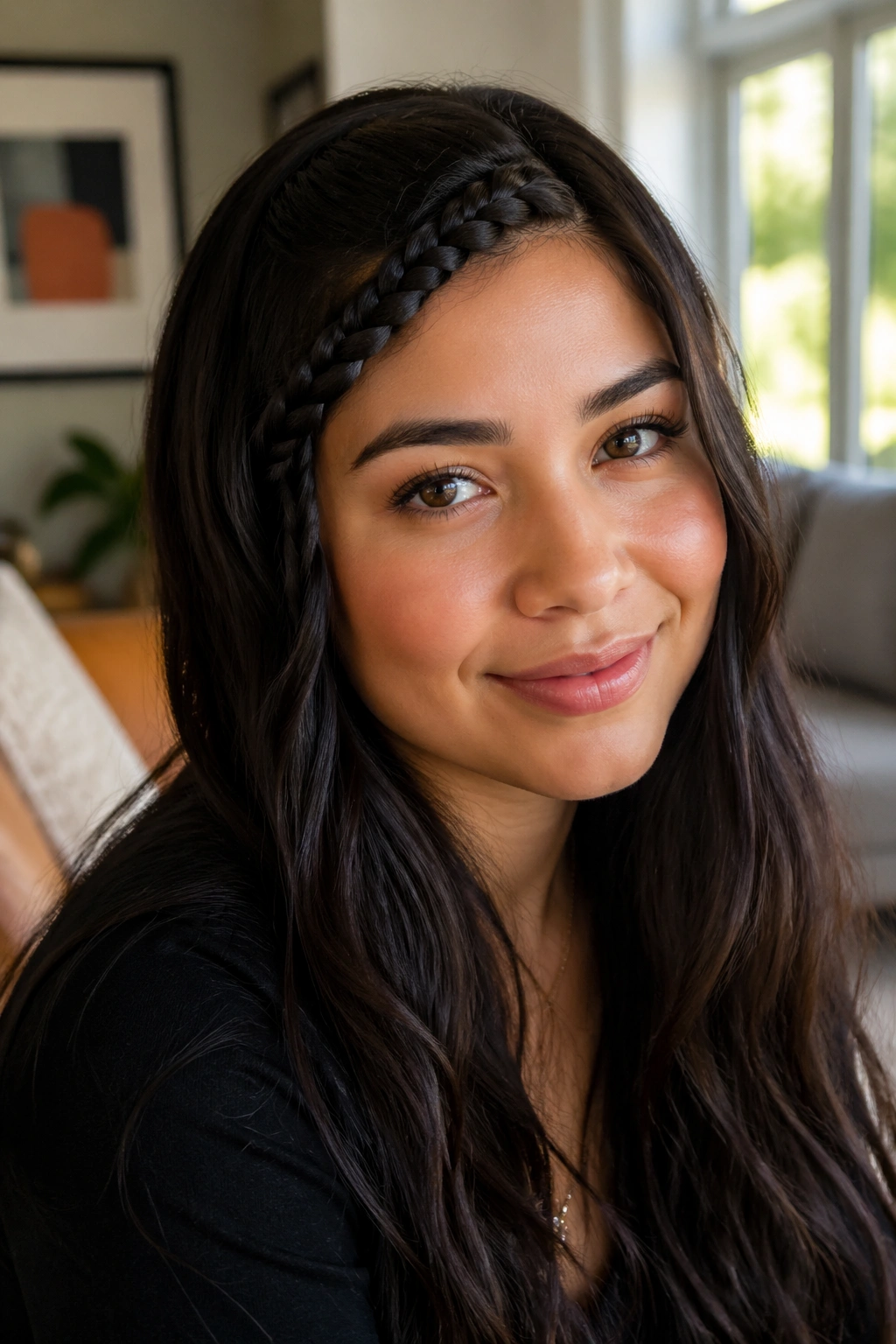 Real person with braided bangs and loose length framing the face