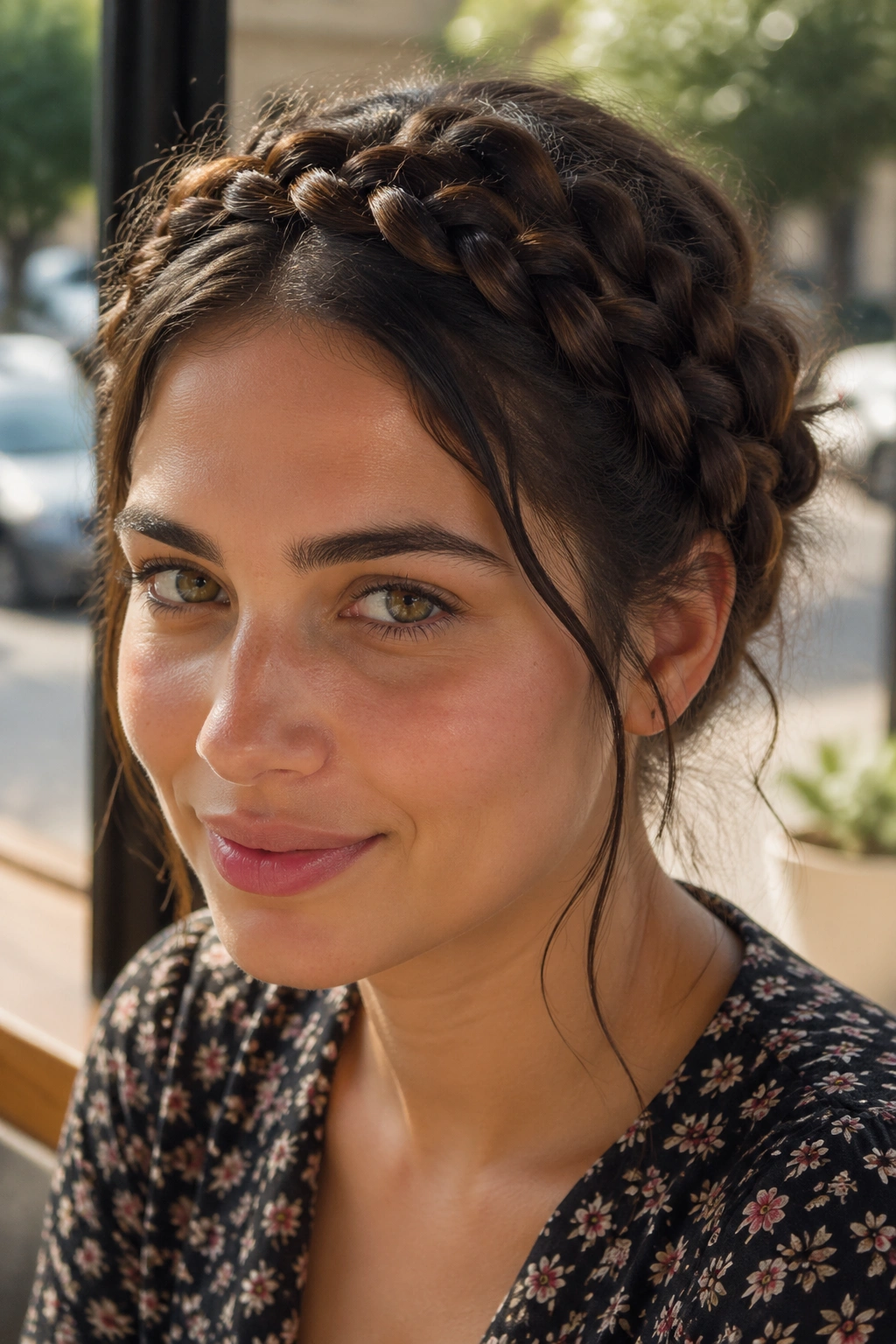 Close-up of real woman with braided bangs integrated into the milkmaid crown