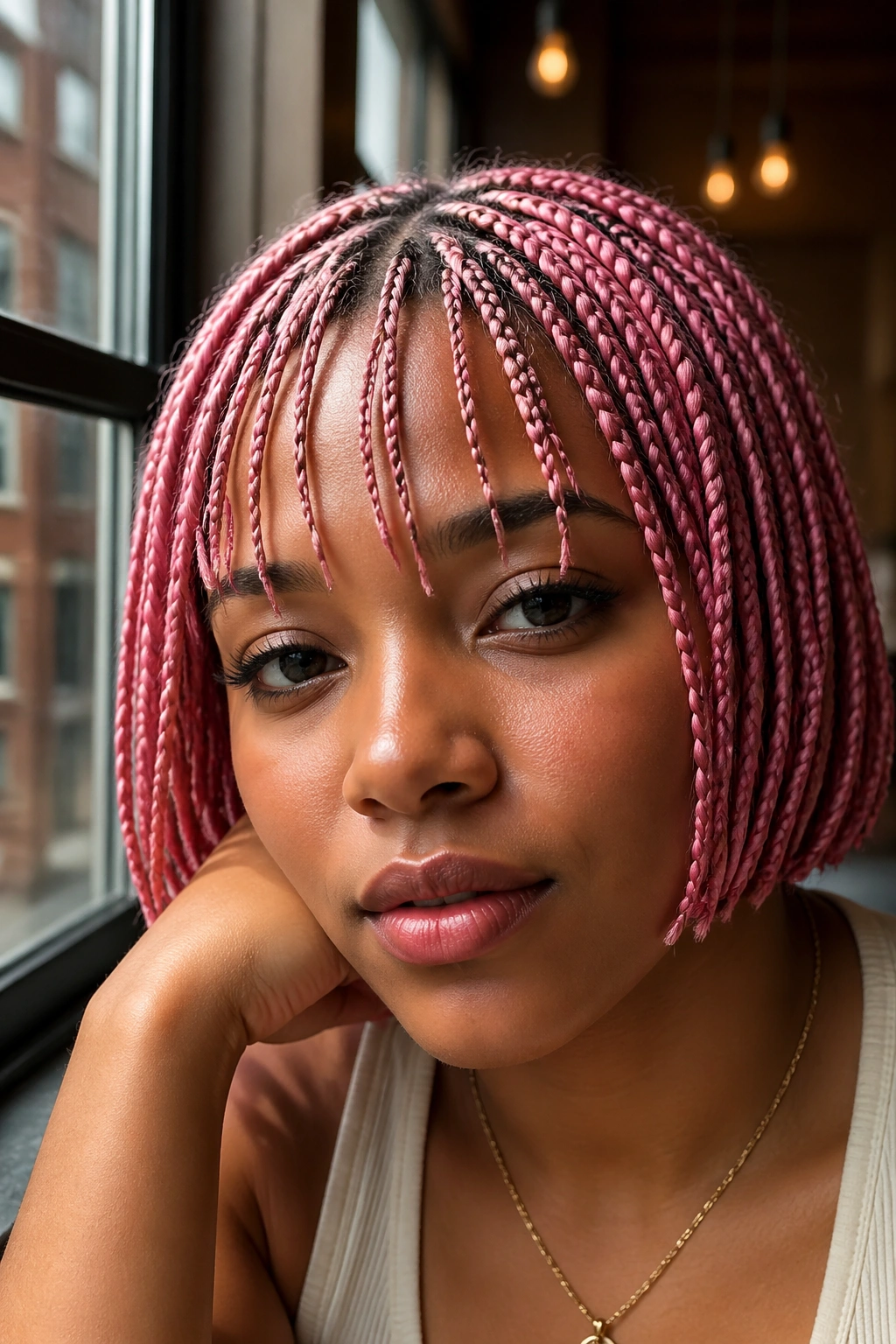 Real person with pink braided bangs across forehead