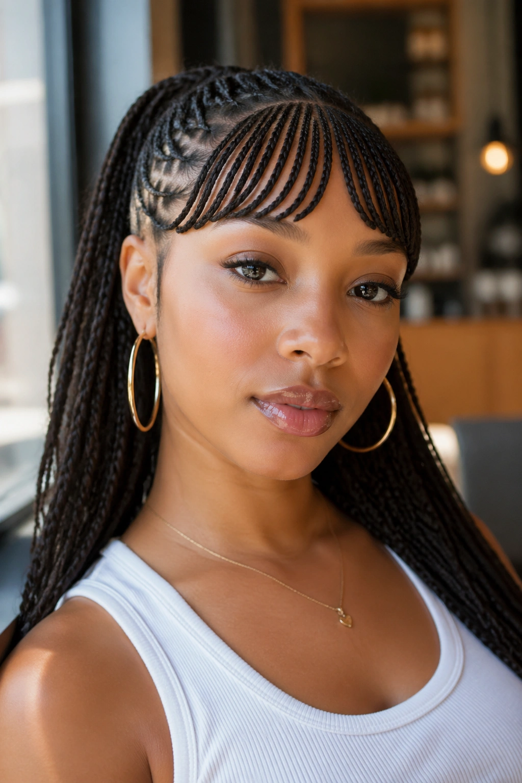 Real woman with braided bangs framing her face