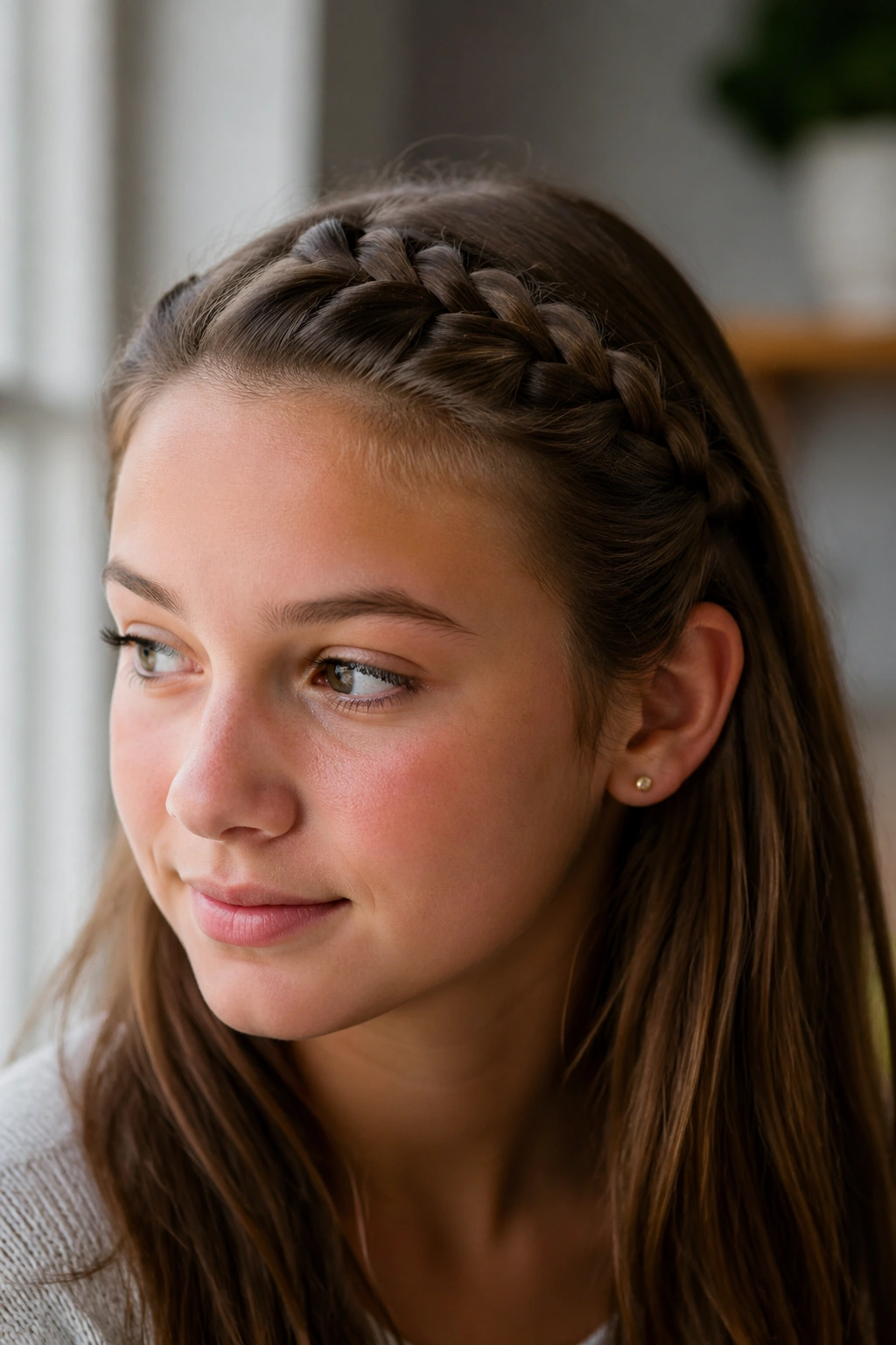 Close-up of real person with braided bangs pulled back neatly