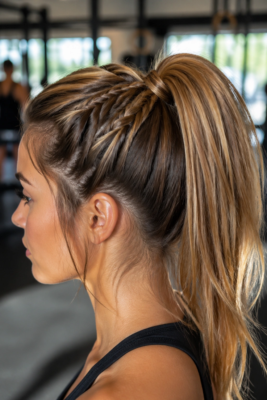 Close-up of a real woman with braided base anchoring a high ponytail in a gym