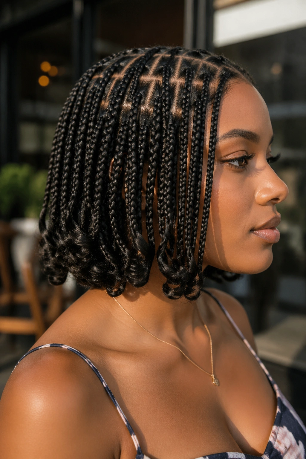 Close-up of a real woman with a chin-length braided bob in an urban setting