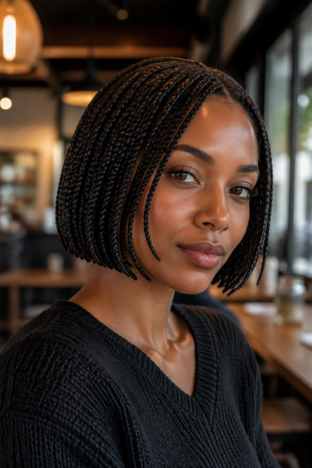 Close-up of a person with a short braided bob