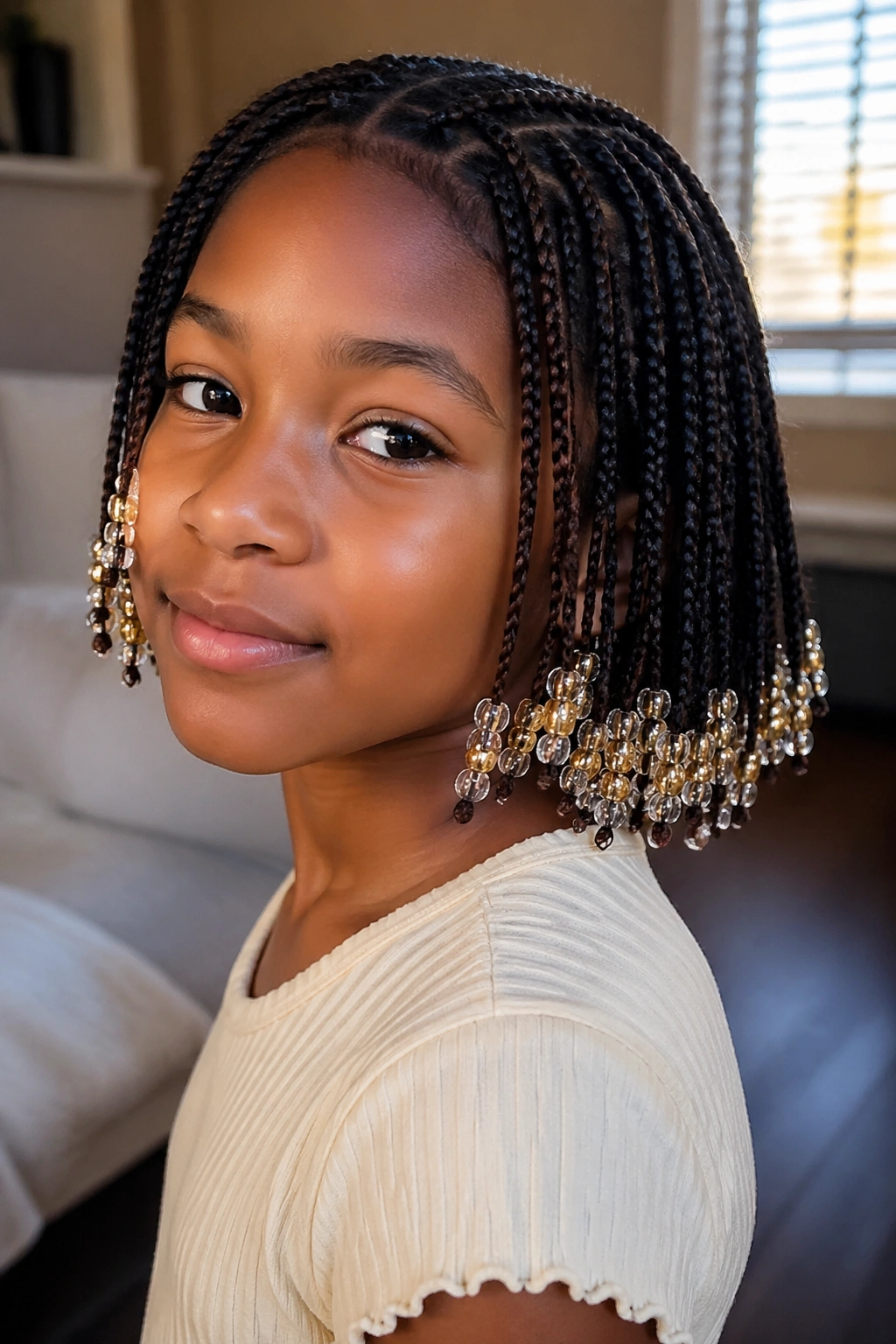 Close-up of a child with braided bob beaded braids.