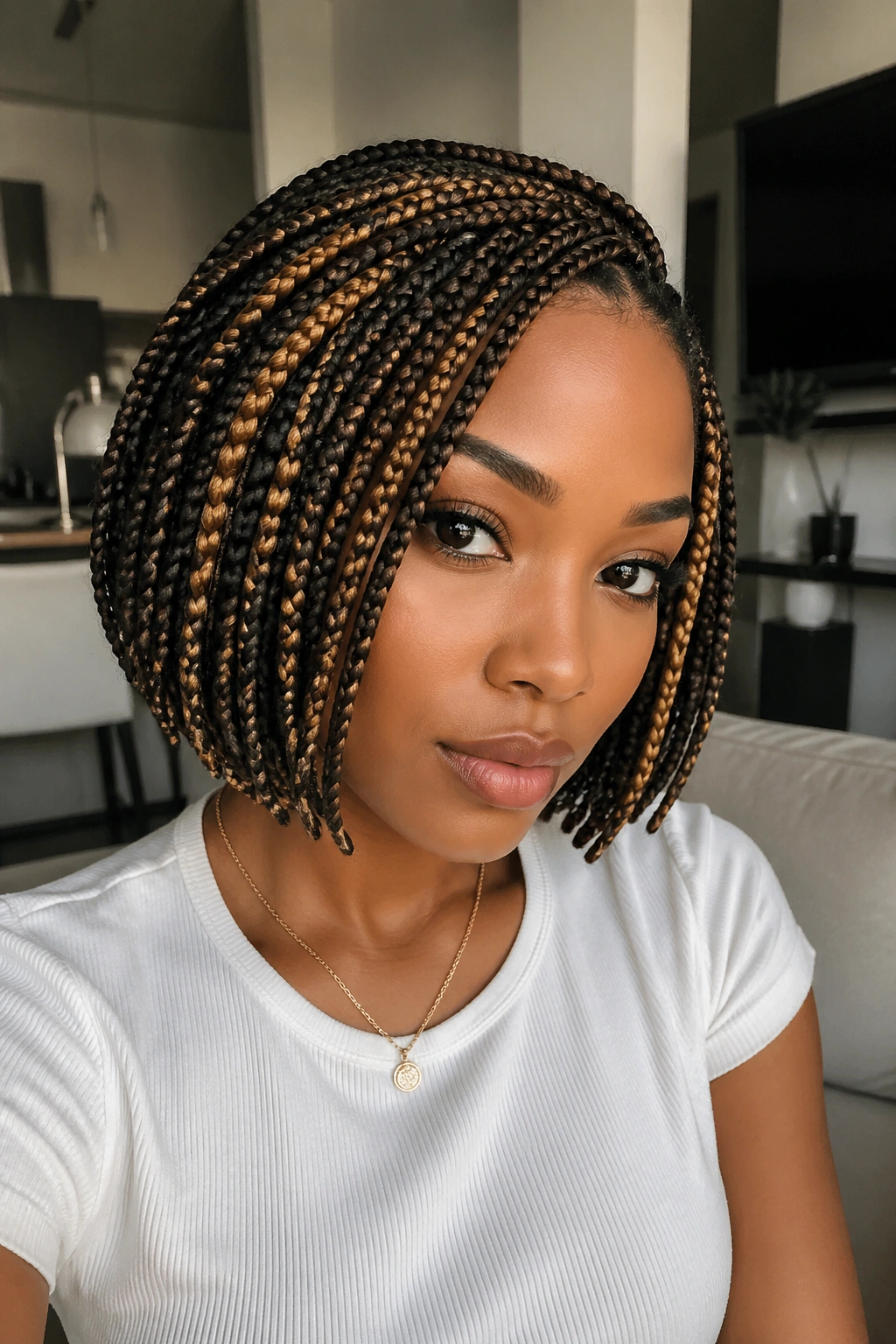 Close-up of braided bob in espresso and honey tones