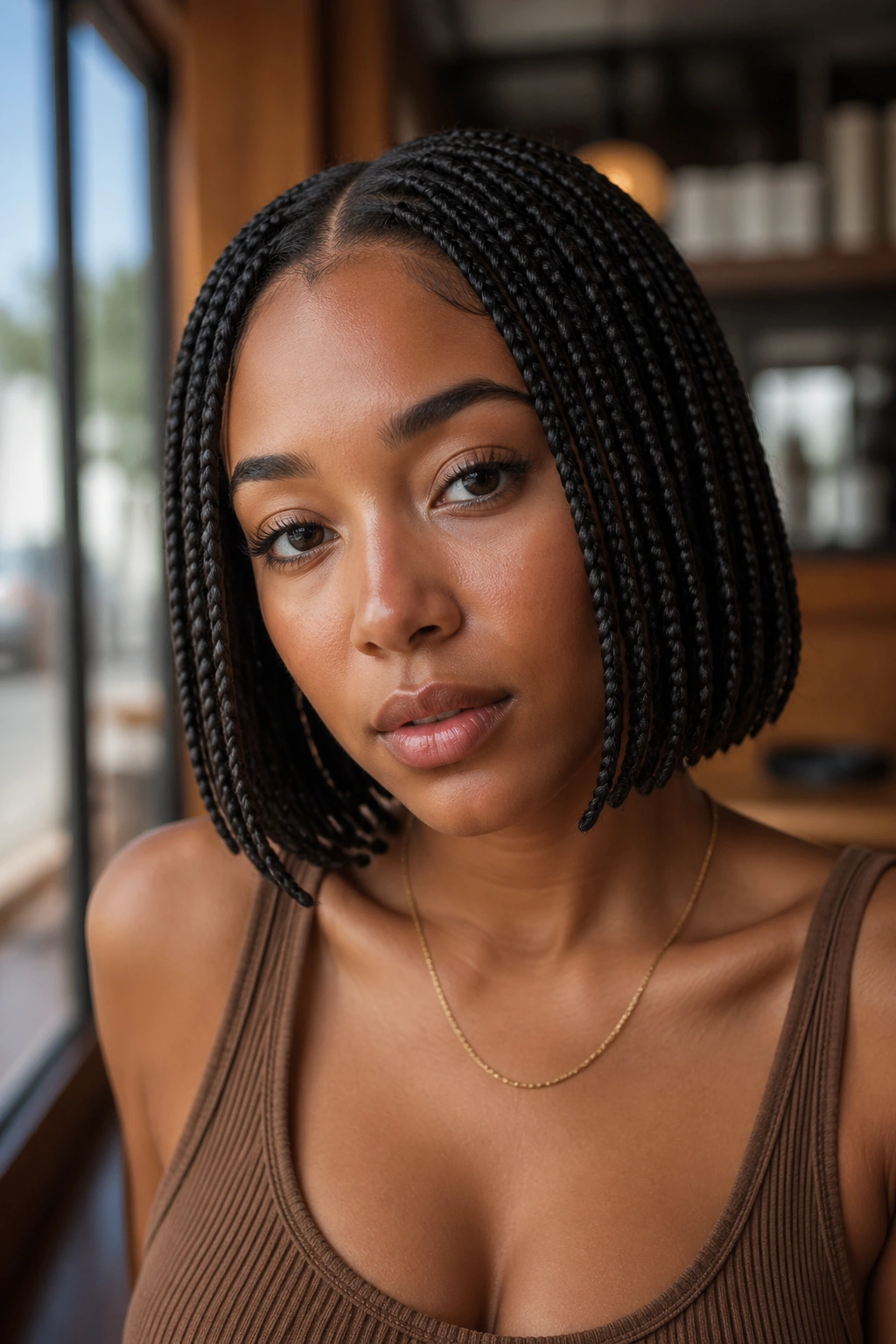 Close-up of a braided bob with crisp part