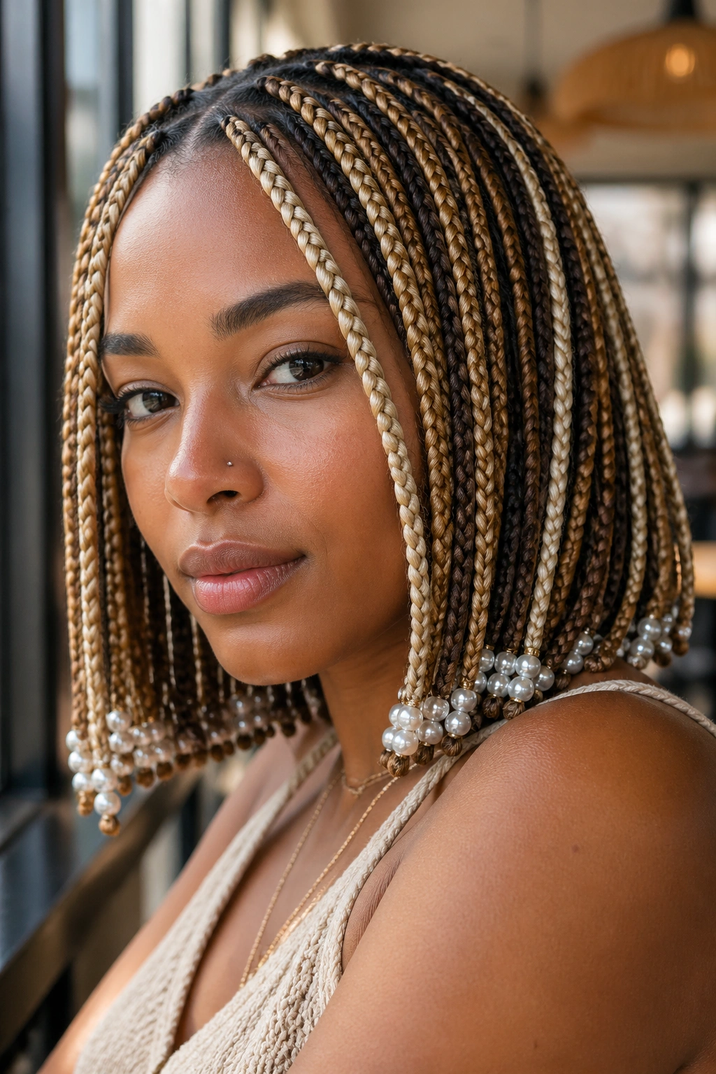 Close-up of shoulder-grazing braided bob with pearl ends on a real person