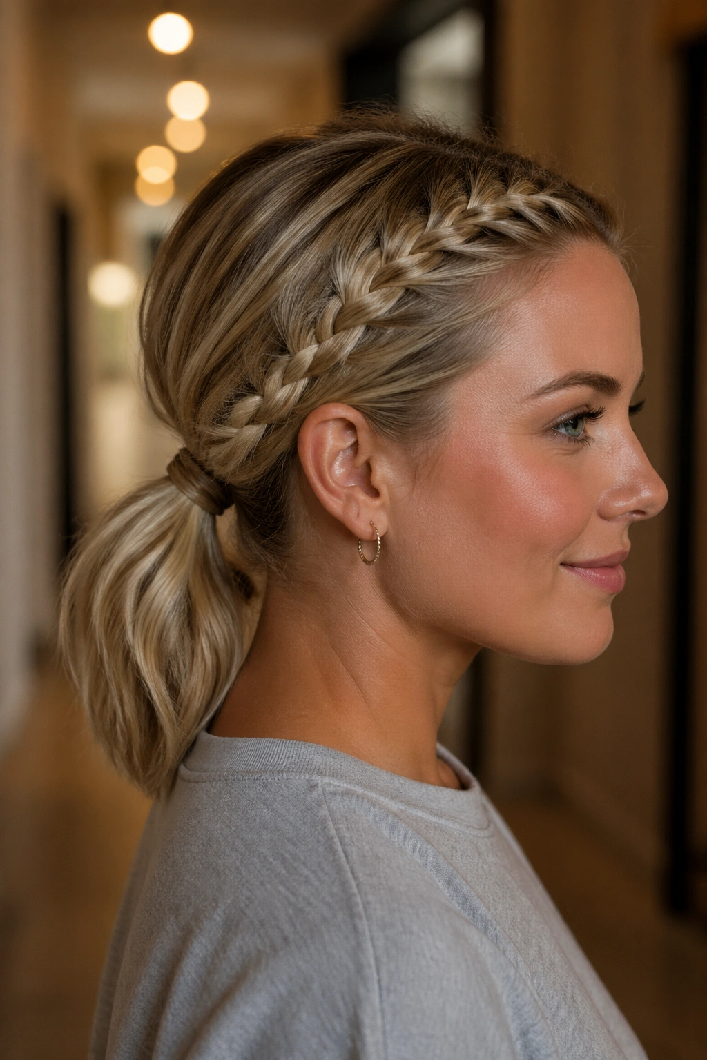 Close-up of a real person with a bob featuring a front braid leading into a low ponytail