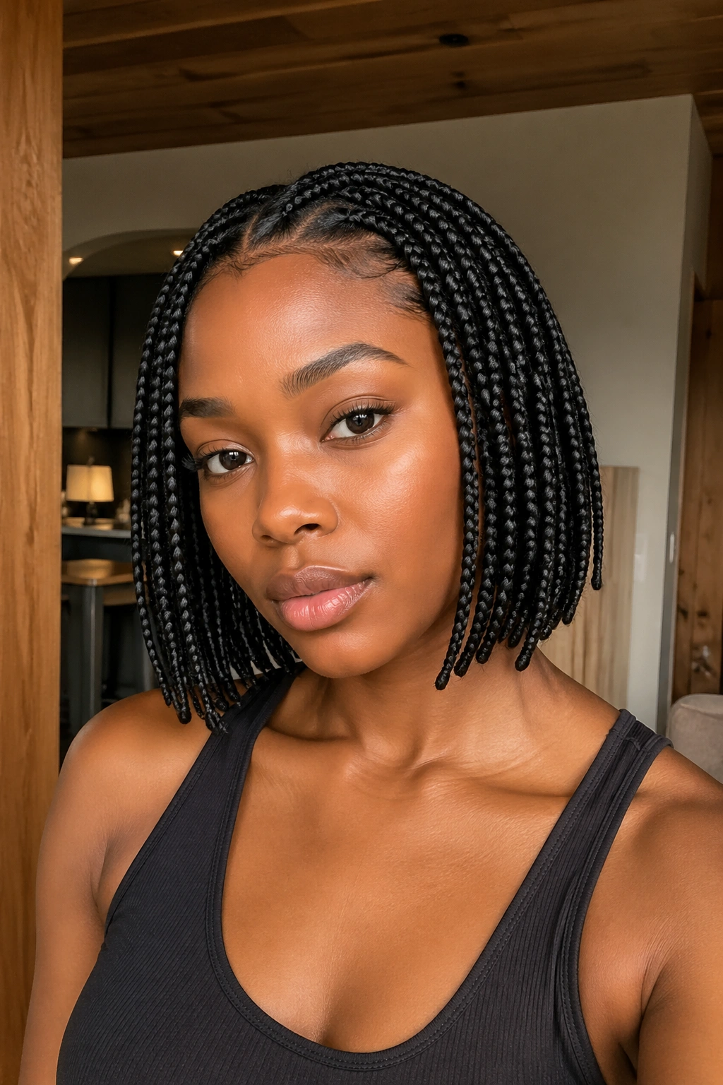 Real woman with a braided bob in a modern warm-toned interior.