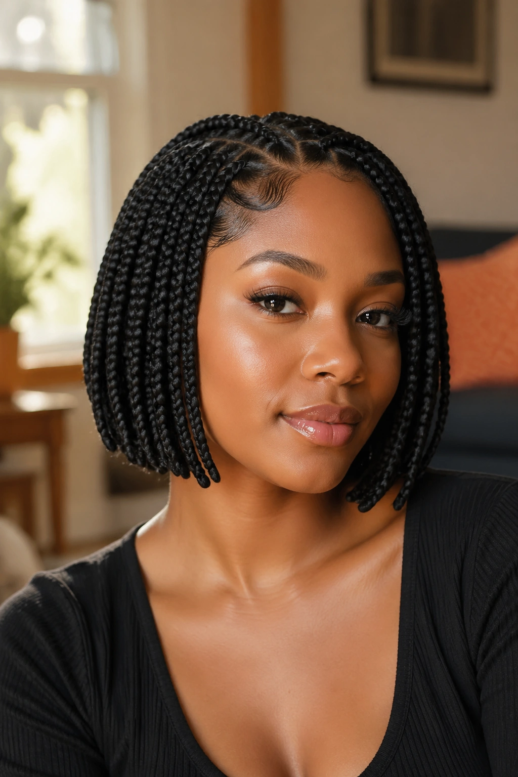 Close-up of a real woman with a braided bob hairstyle