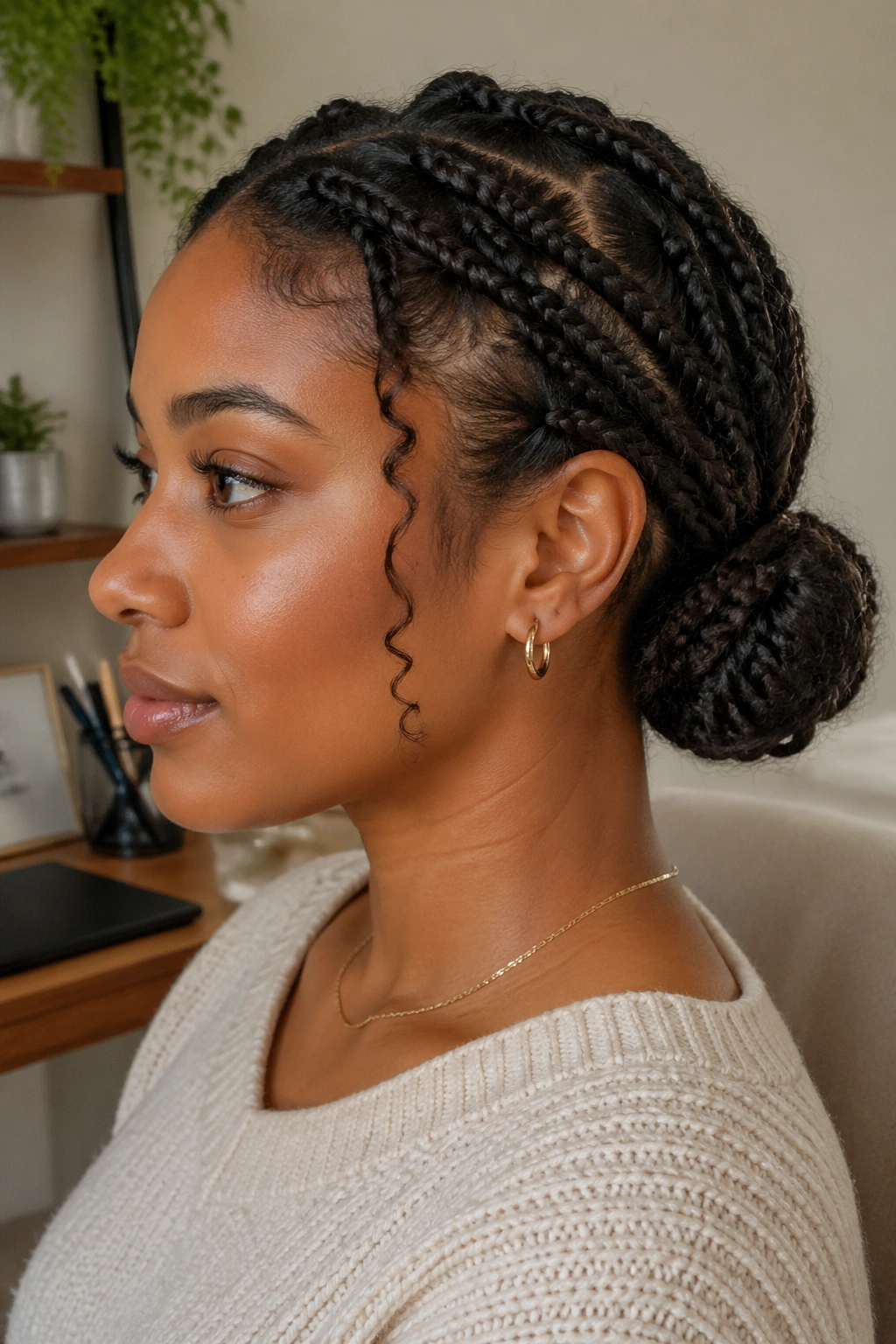 Braided low bun on a real person with 3B/3C curls