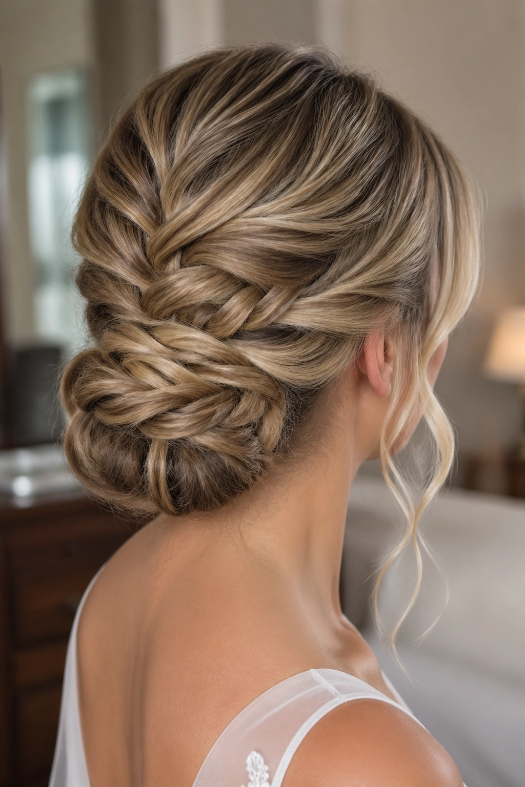 Close-up of braided bun with beige blonde dimension on a real person