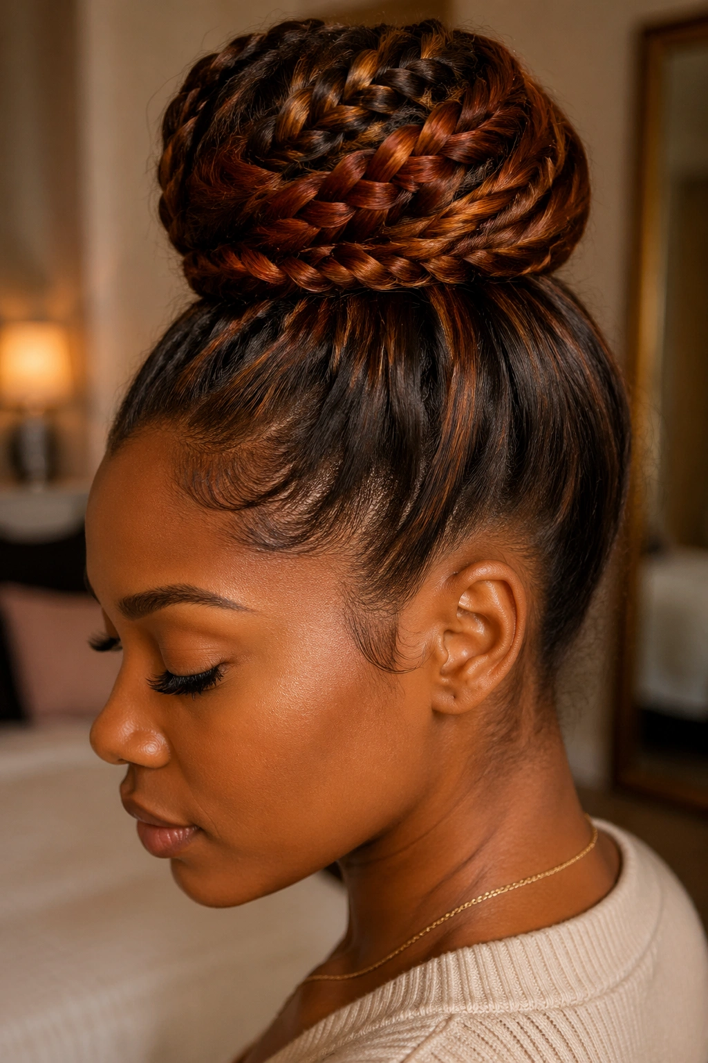 Close-up of braided bun with cinnamon highlights on a real woman