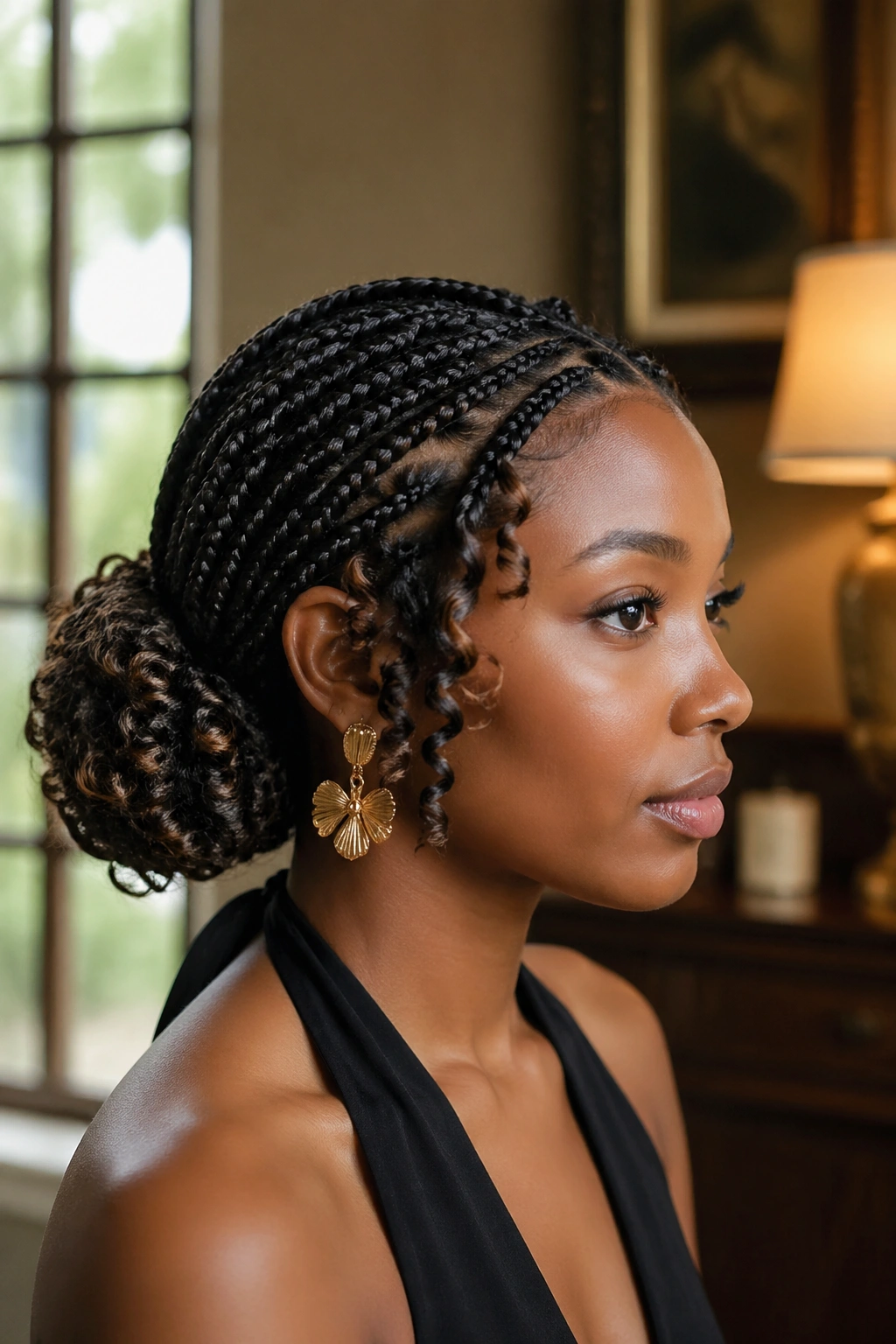 Close-up of a real woman with a low braided bun and crochet flower curls