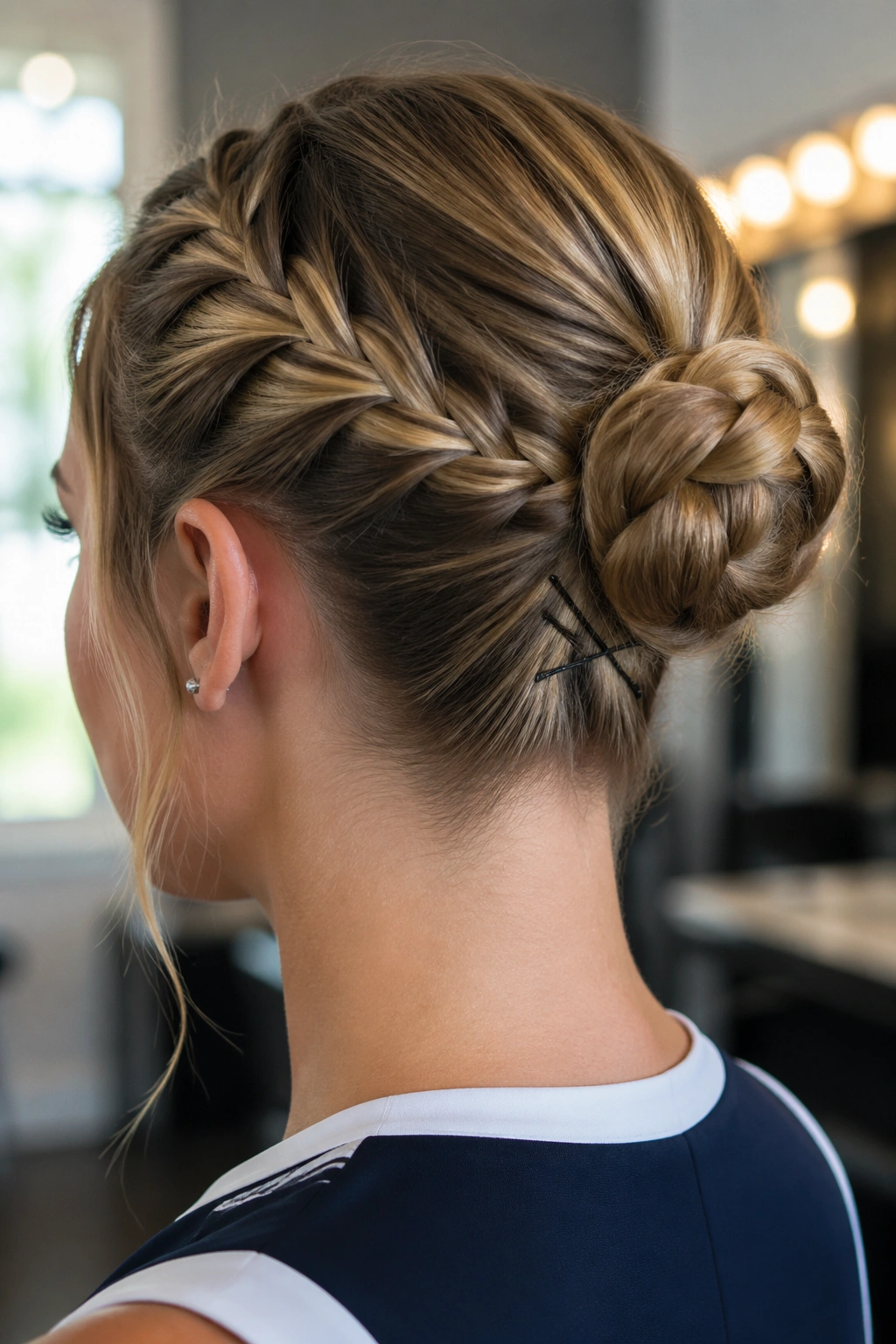Back/side close-up of a real woman with a braided bun secured by cross pins