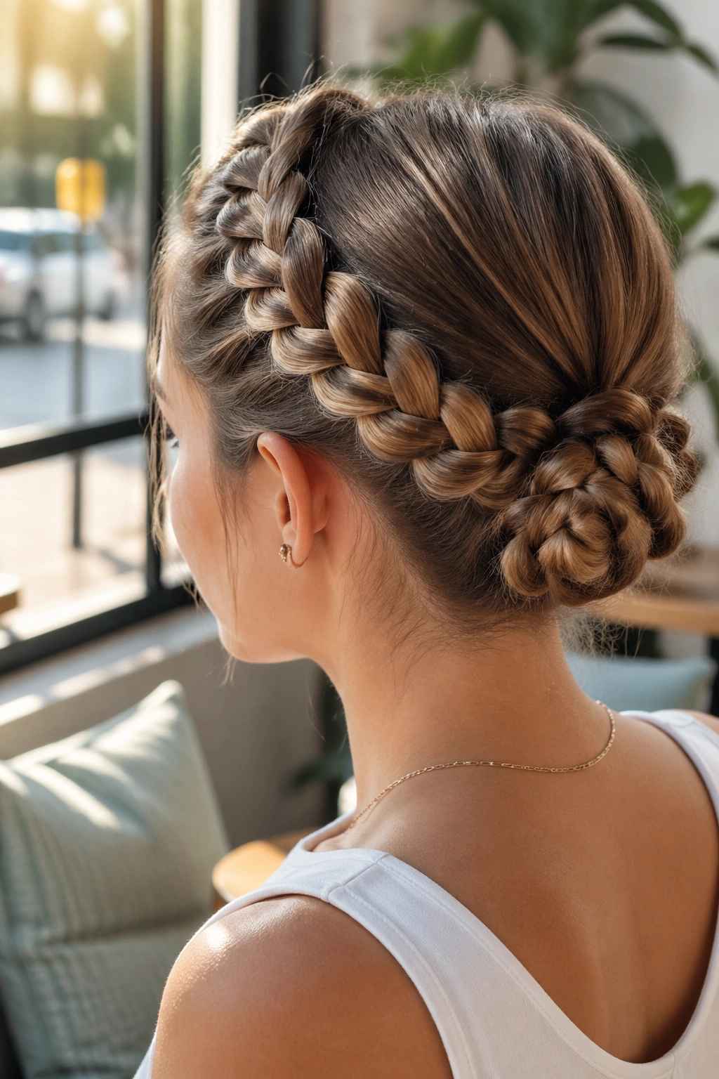 Medium close-up of a real woman with a braided crown and bun at the back