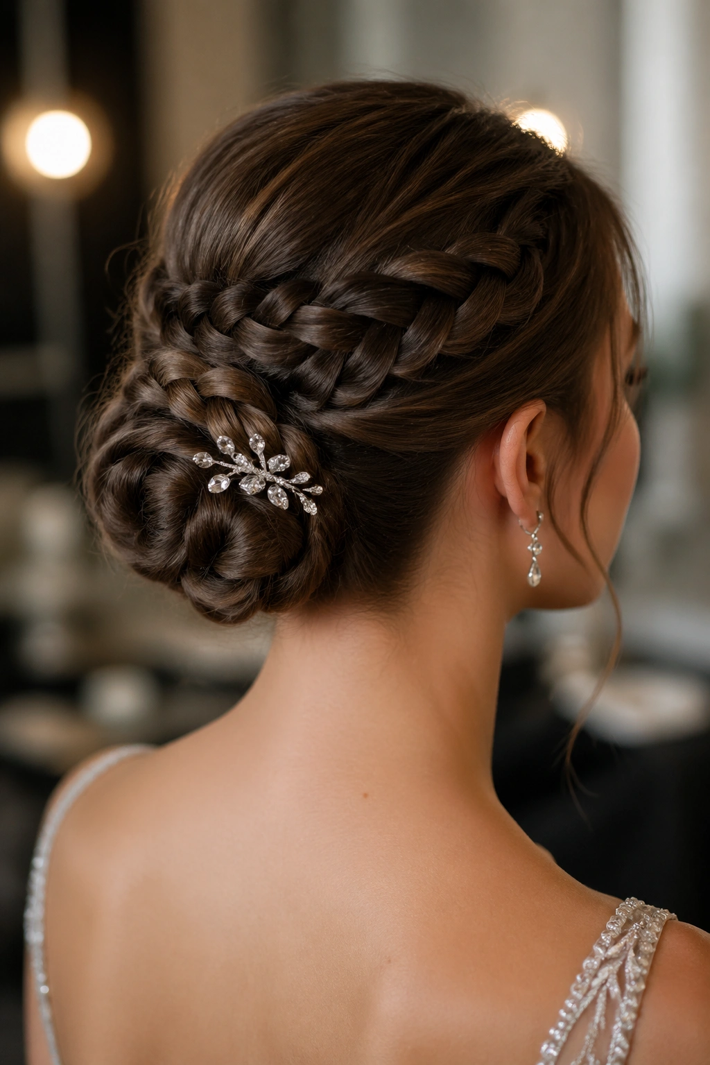 Real woman with a compact braided bun and crystal pins
