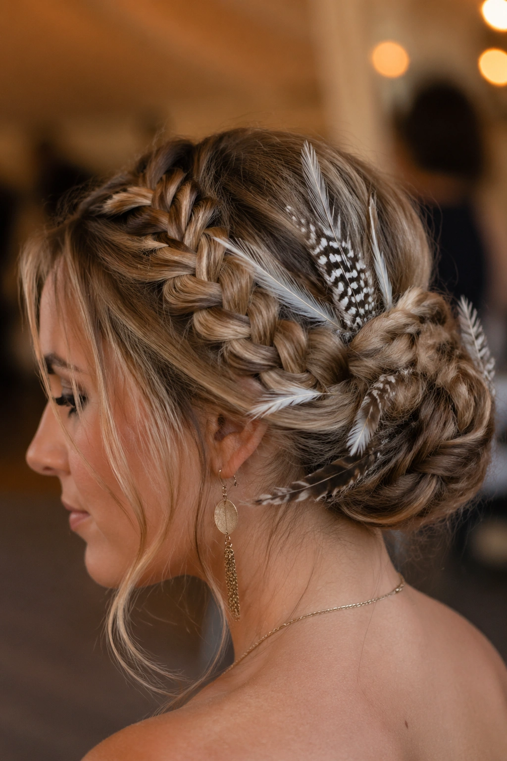 Real woman wearing a braided bun with feathers in warm indoor light.