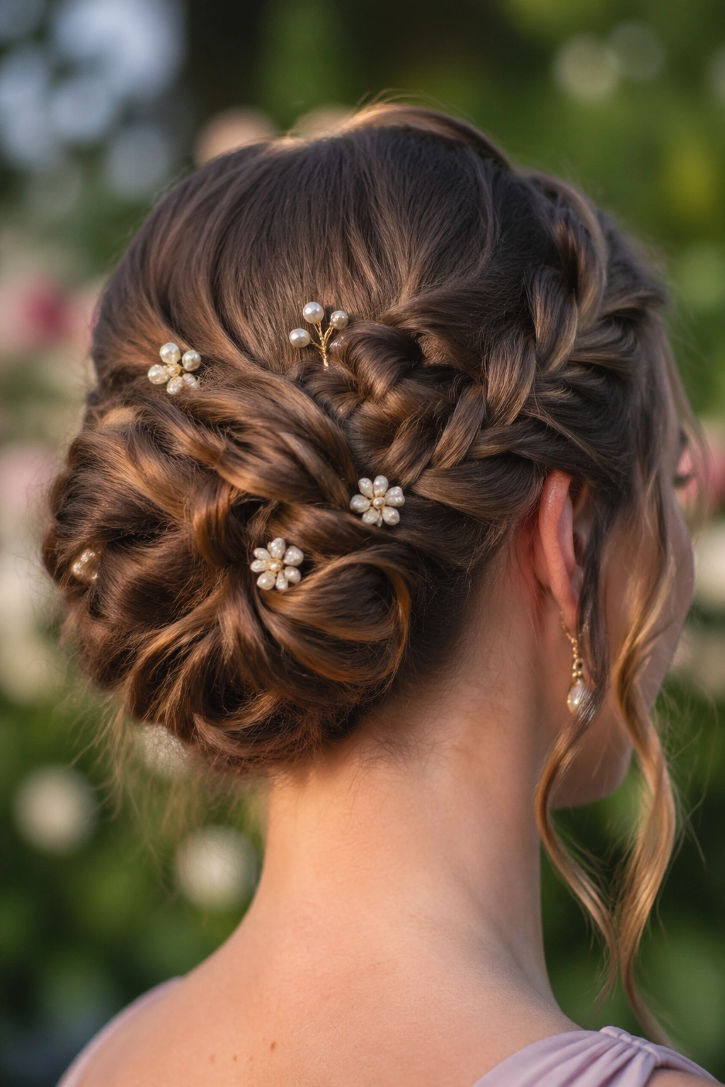 Close-up of a real woman's braided bun with floral pins