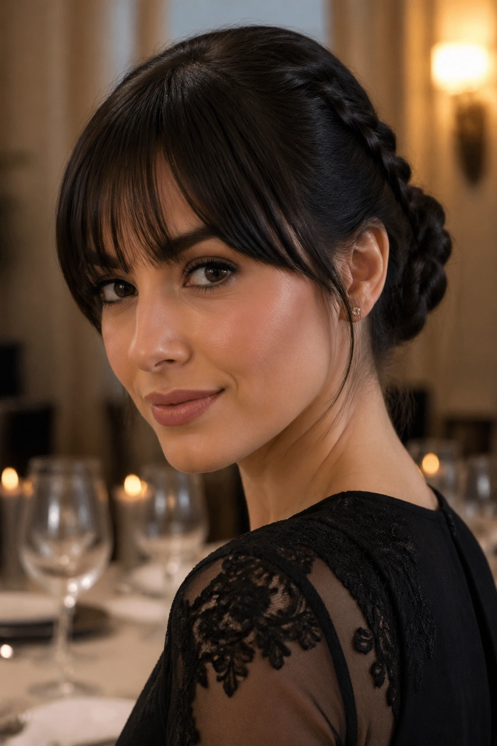 Real woman with braided bun and clean fringe.