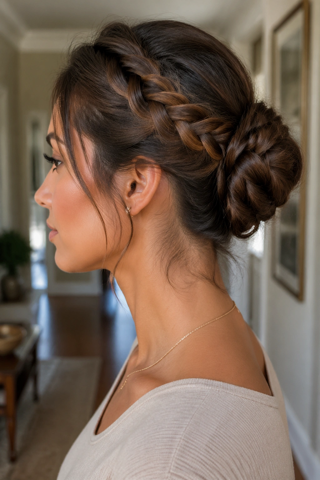 Close-up of a real woman with a braided bun, tidy and lived-in