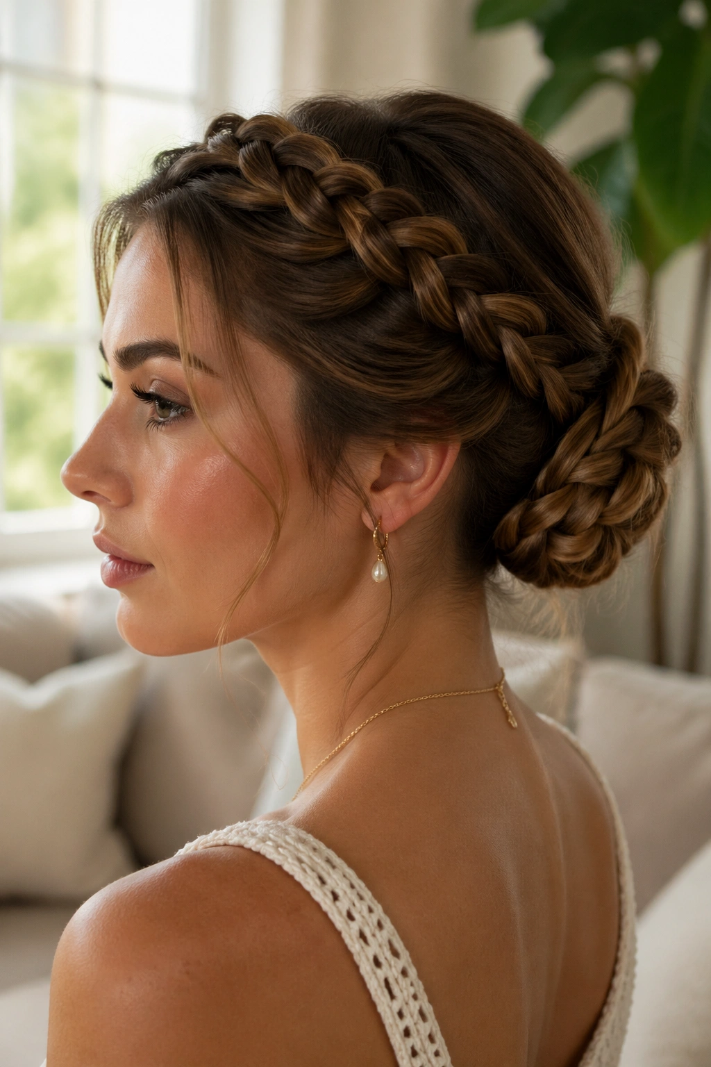Close-up of a woman with a braided bun at the nape