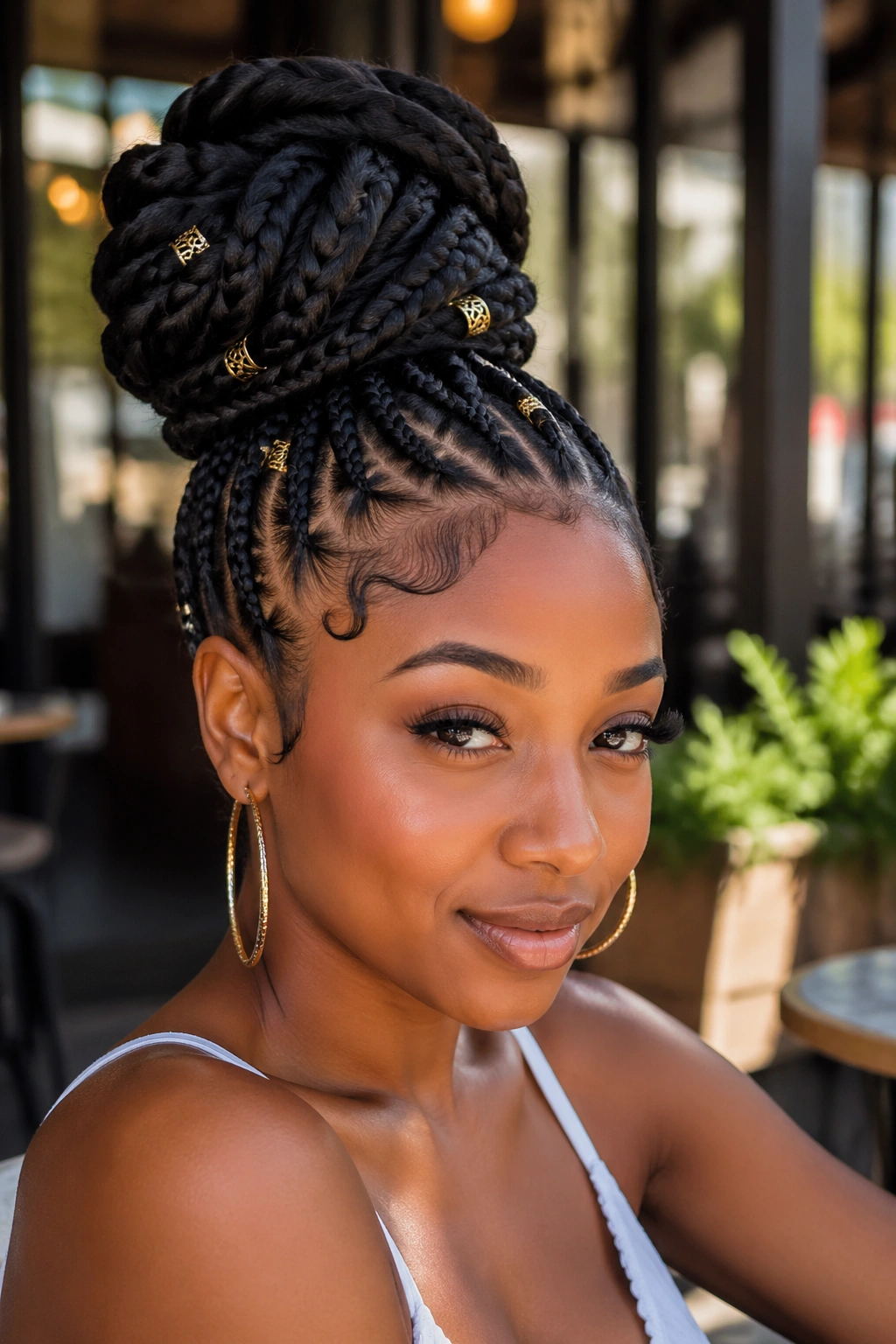 Real woman with high braided bun outdoors
