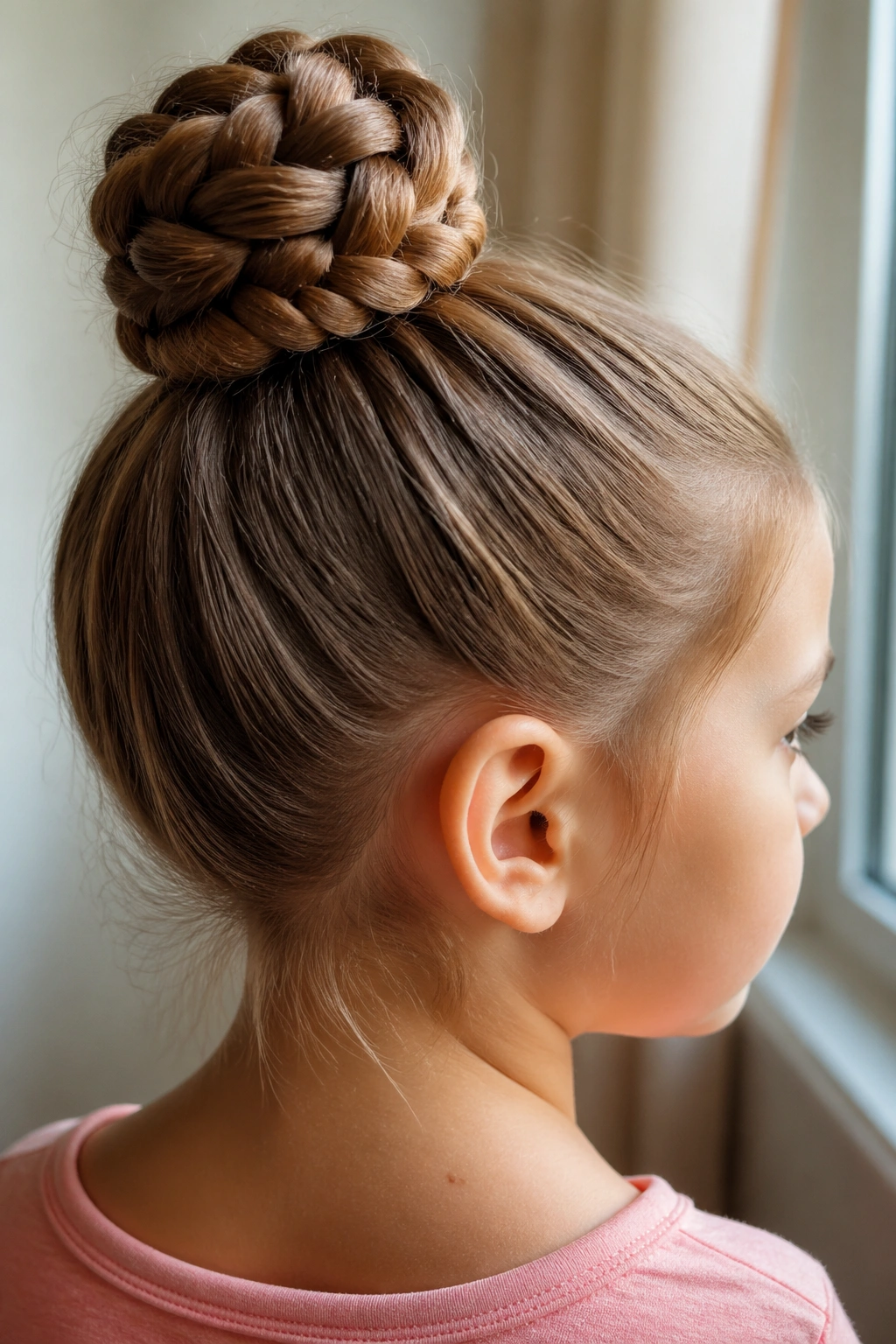 Close-up of a real person with a braided bun, hair neatly wrapped into a bun