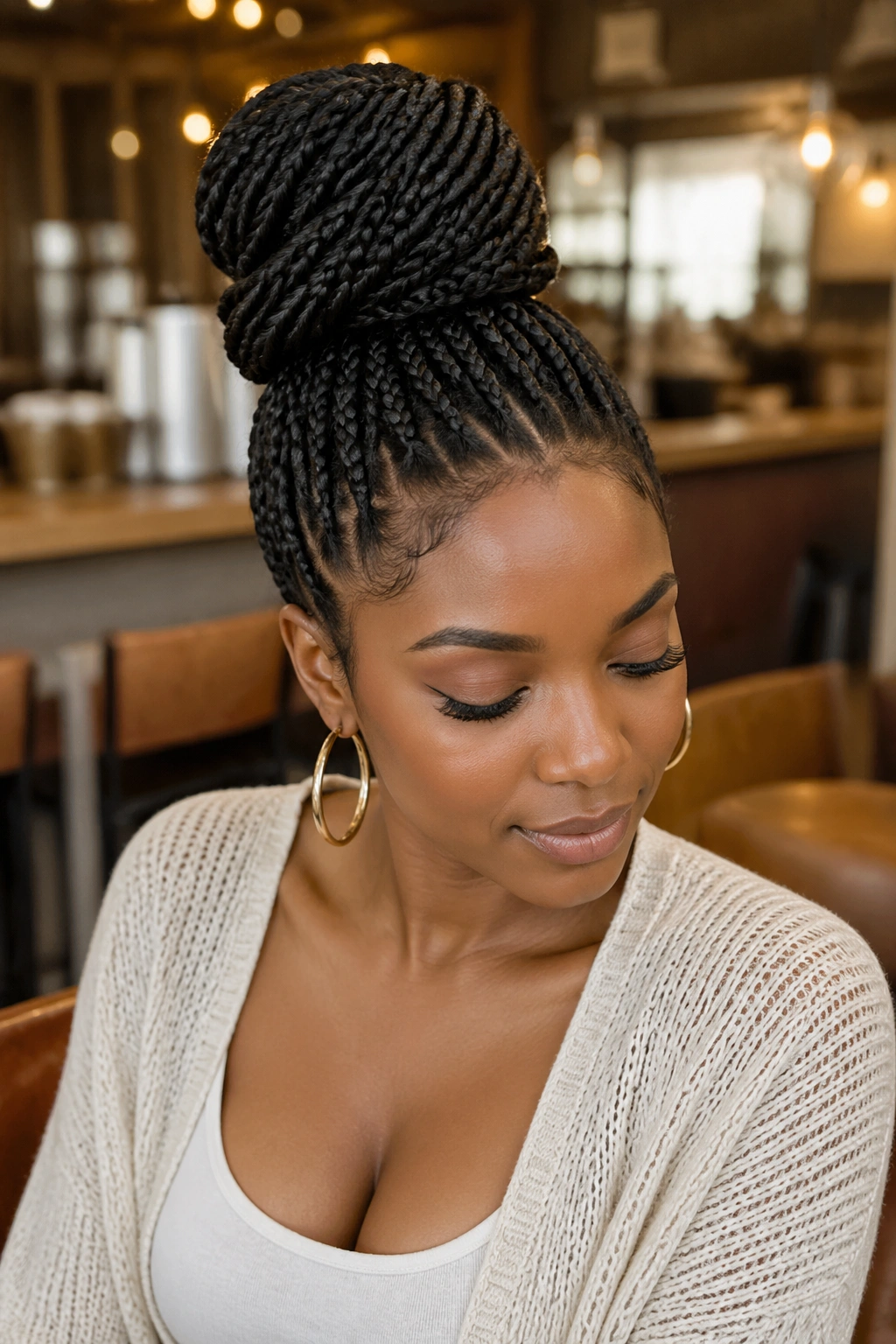 Medium close-up of a real woman with a braided bun hairstyle
