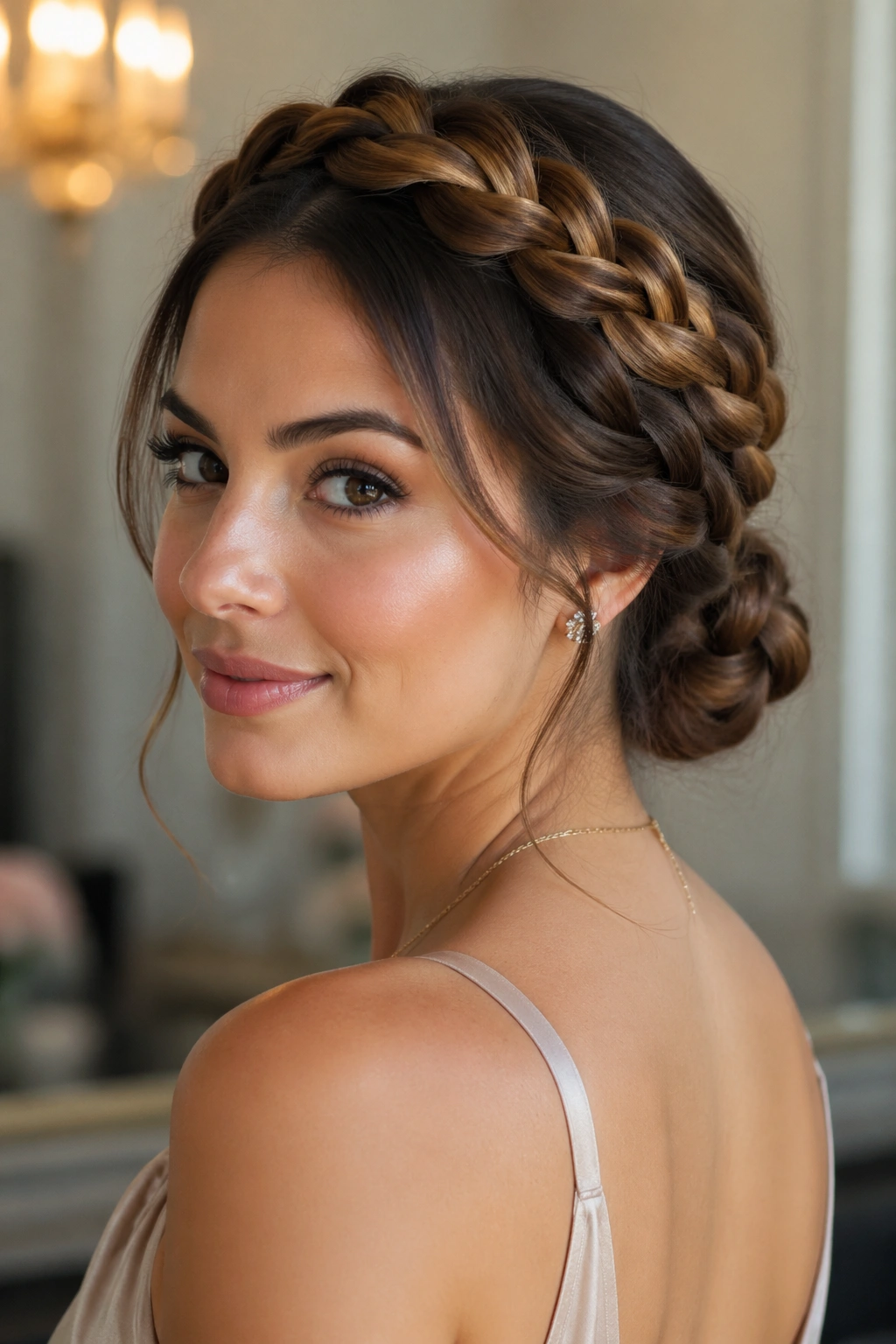 Close-up of a real woman with a braided crown halo and a low bun