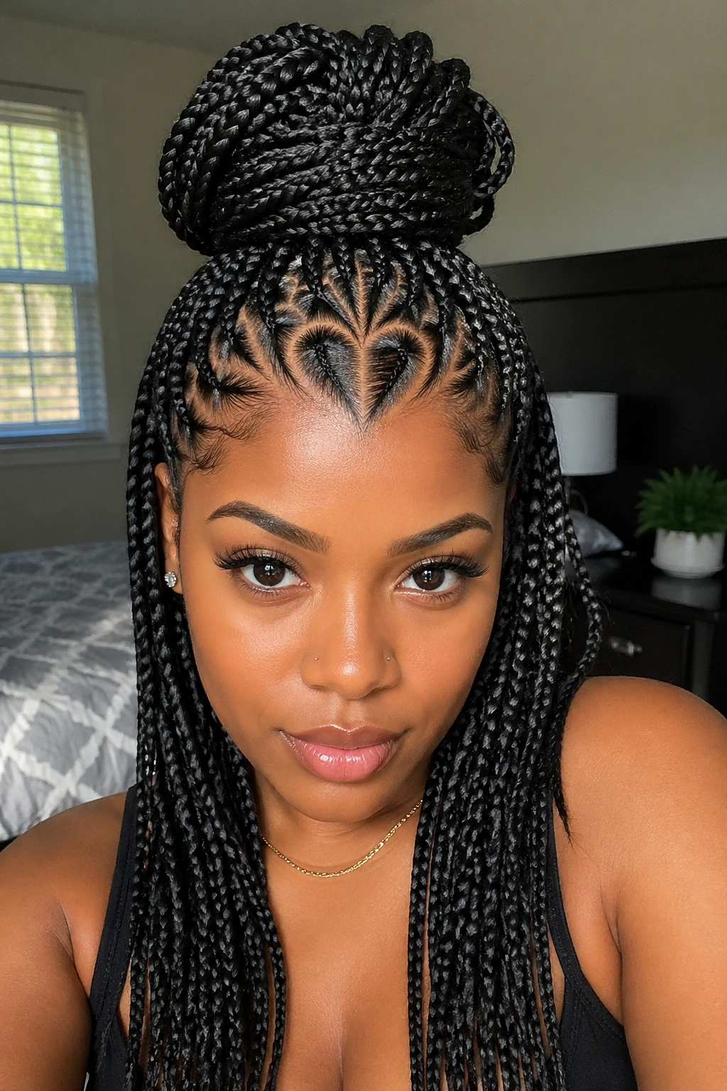 Close-up of a real person with a braided bun and heart-base braid design in soft bedroom light