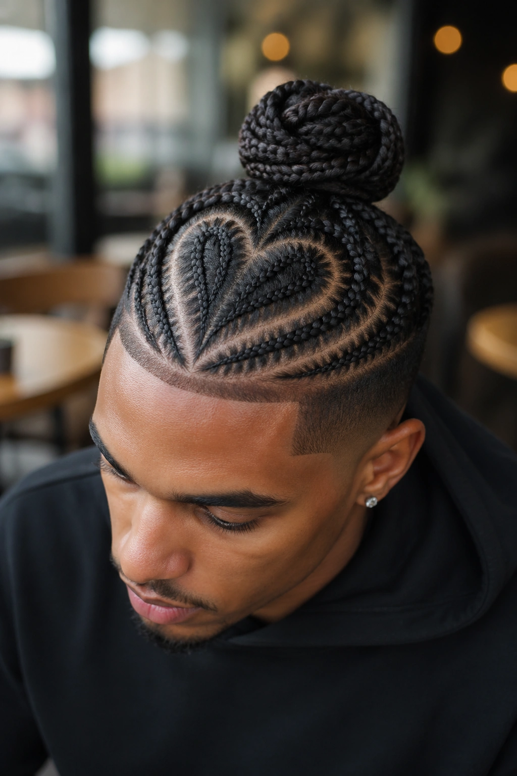 Front close-up of a man with a braided bun and heart around the crown.