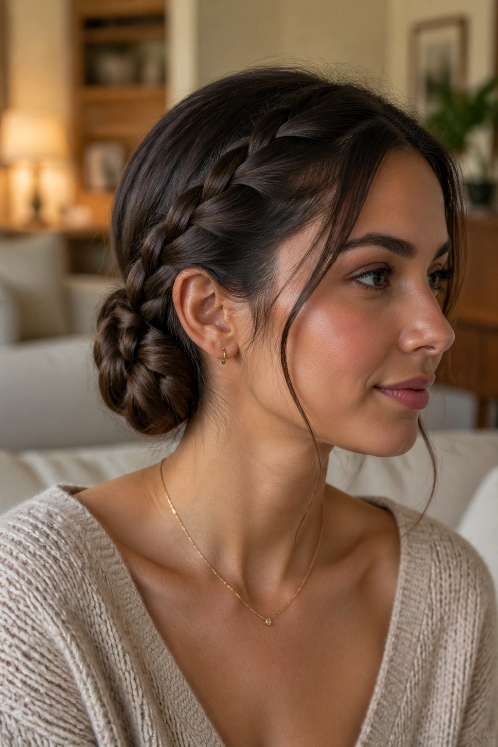 Close-up of a real woman with a braided bun at the nape with hidden ends