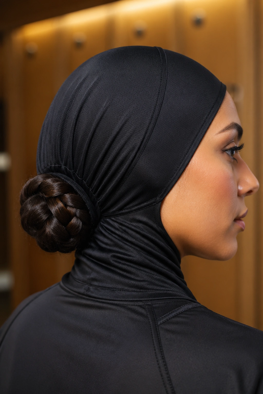 Close-up of braided bun under hijab on real woman