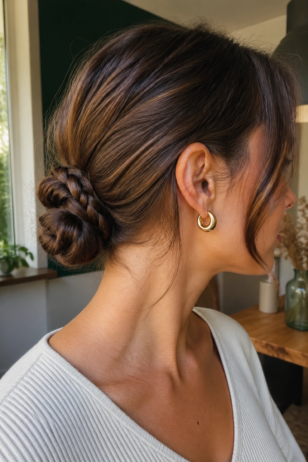 Close-up of a real person wearing a braided bun for a lob