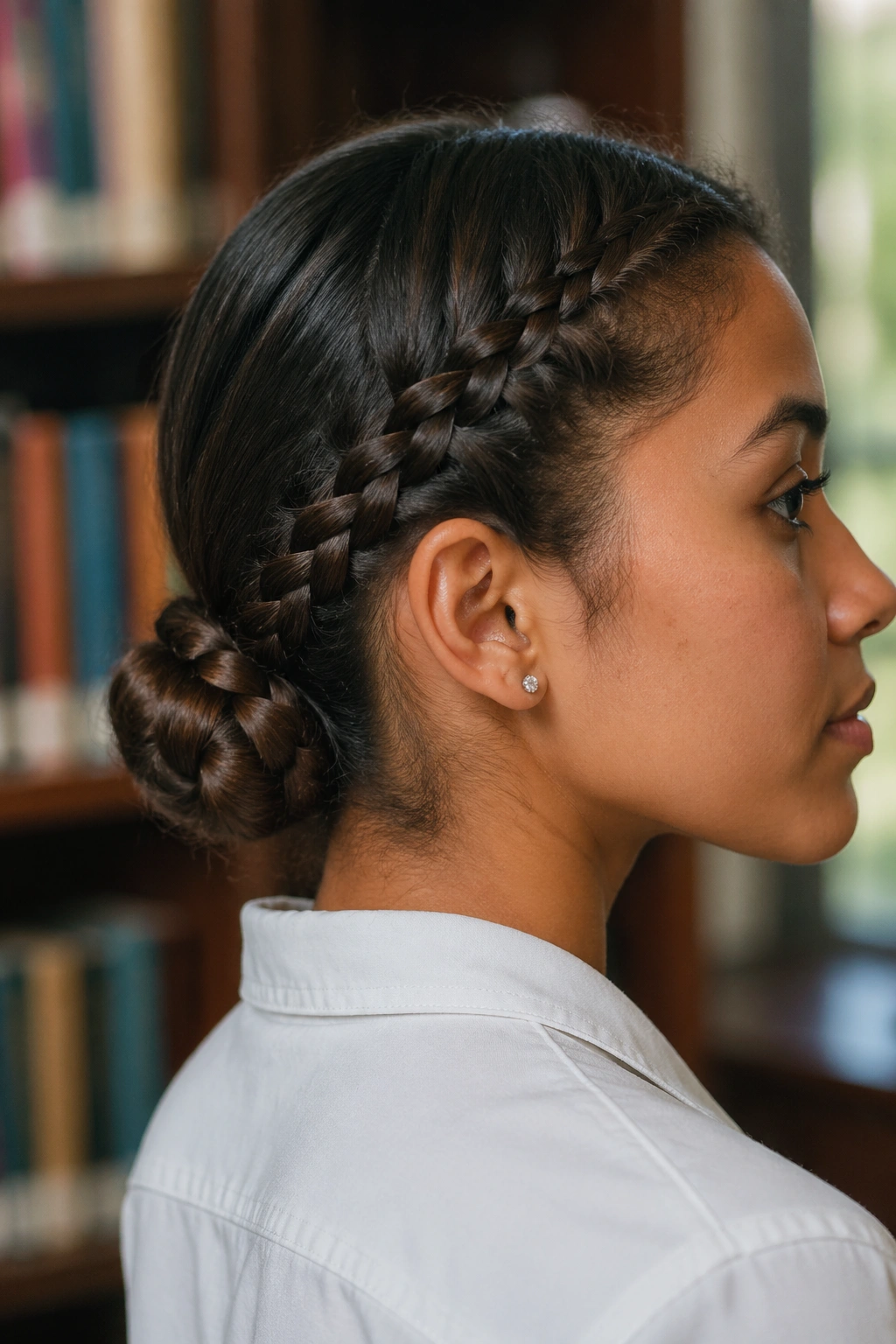 Close-up of a real person with a braided bun at the nape
