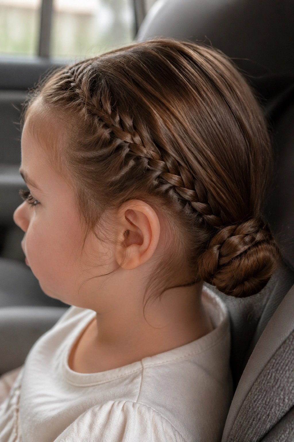 Toddler with a low braided bun at the nape, close-up portrait.