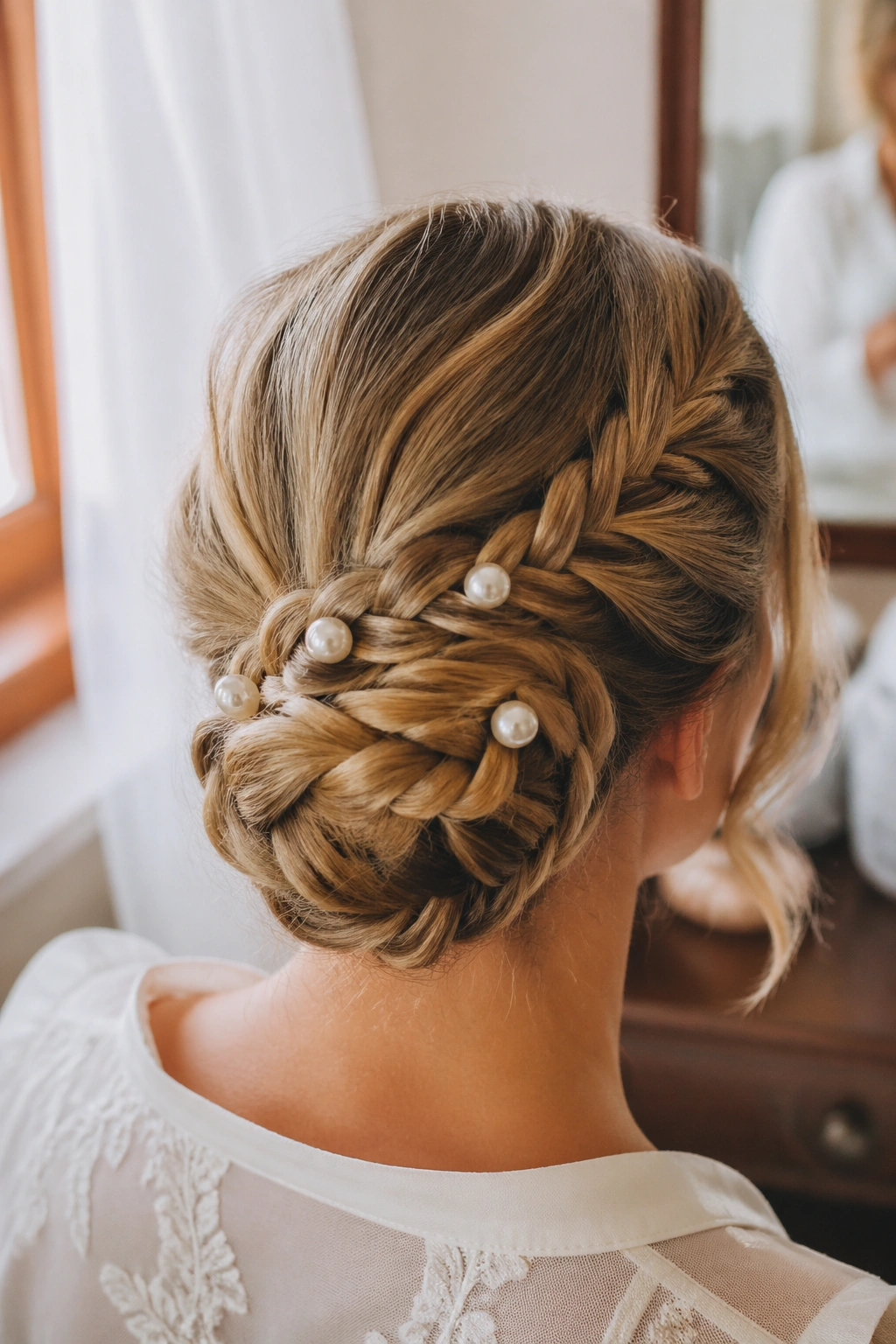Bride with braided bun and pearl pins, close-up