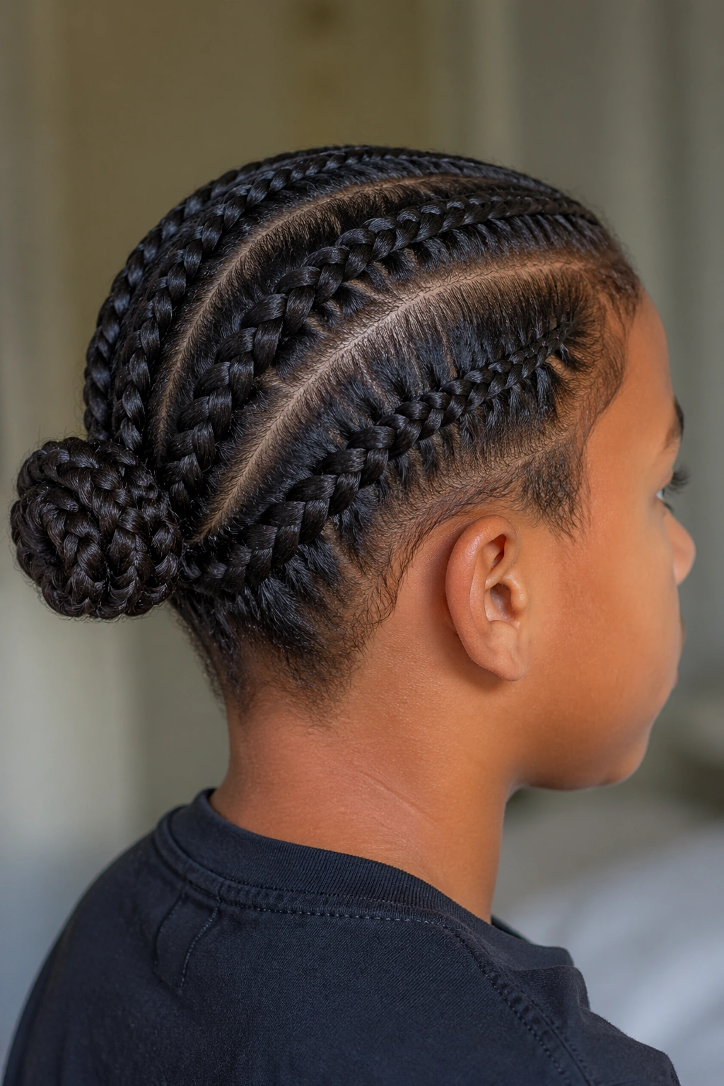 Close-up of a real boy's head with a braided bun at the back